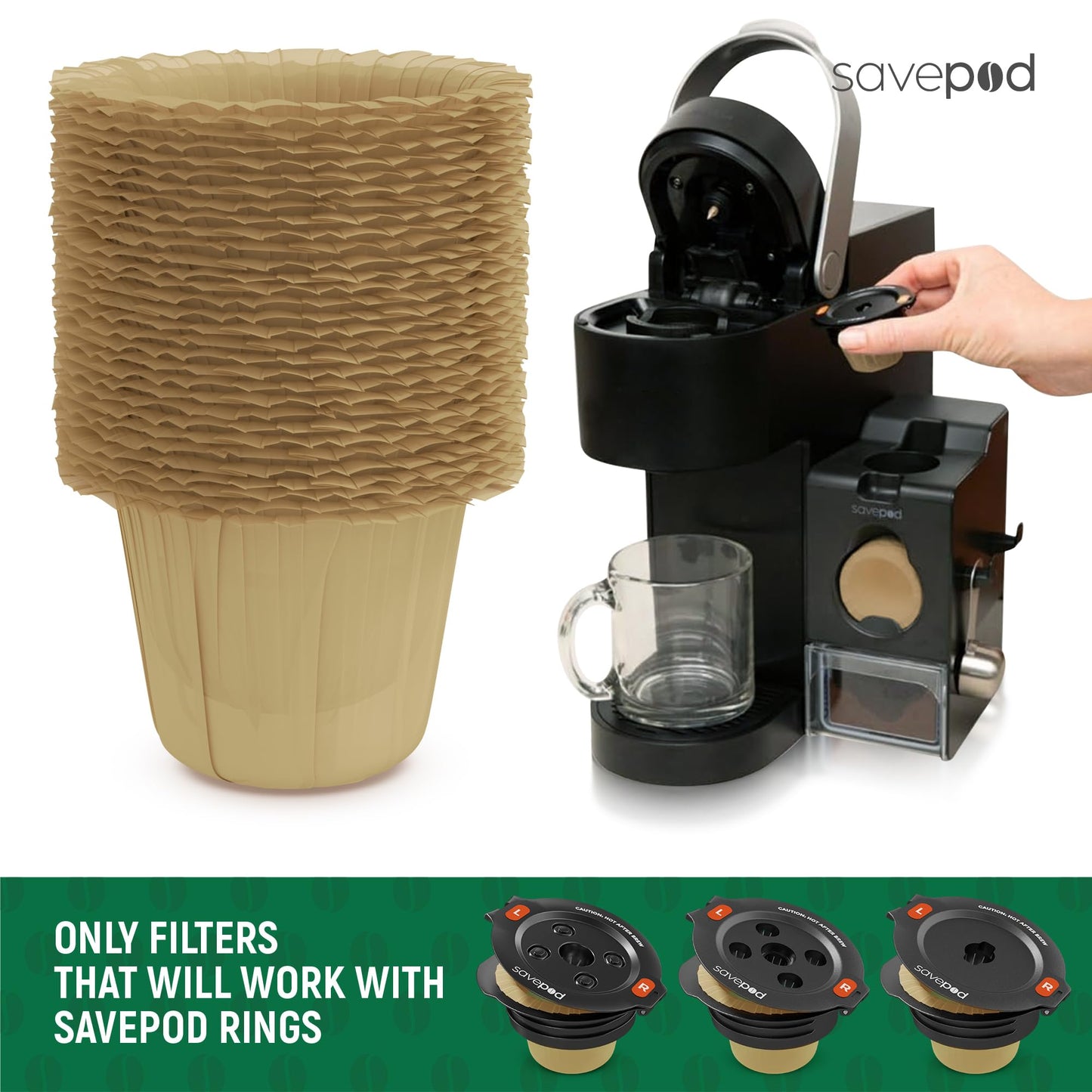 Savepod Disposable Unbleached Coffee Filters - 300 Count - Made Exclusively for Savepod - Compatible with K-Cup Brewers - Reusable K-Cup Coffee Filters - Single Serve Use