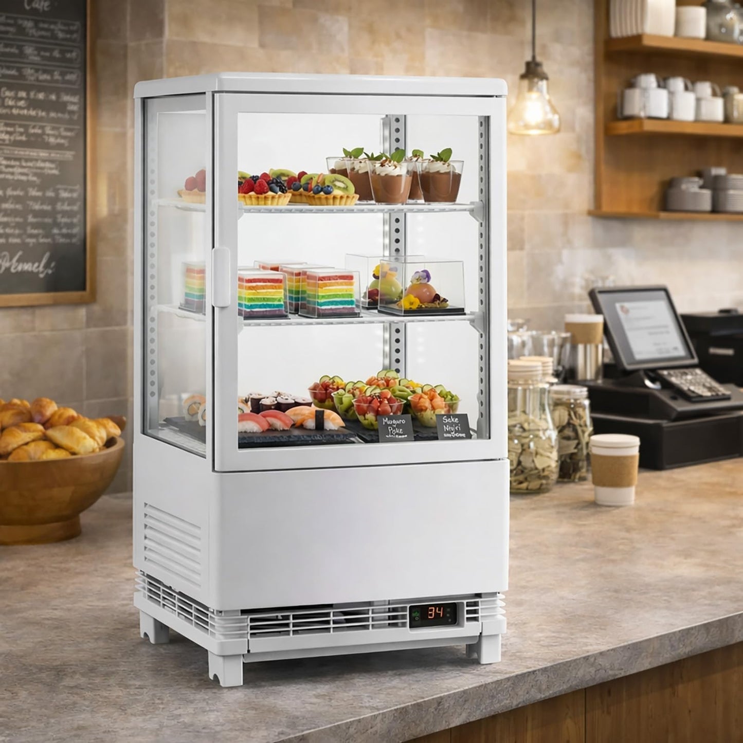 IDEALHOUSE 2.0 Cu.Ft. Countertop Bakery Display Refrigerator with LED Lighting, Rear Sliding Door, Air-Cooling, and Automatic Defrost for Cafes and Restaurants, White