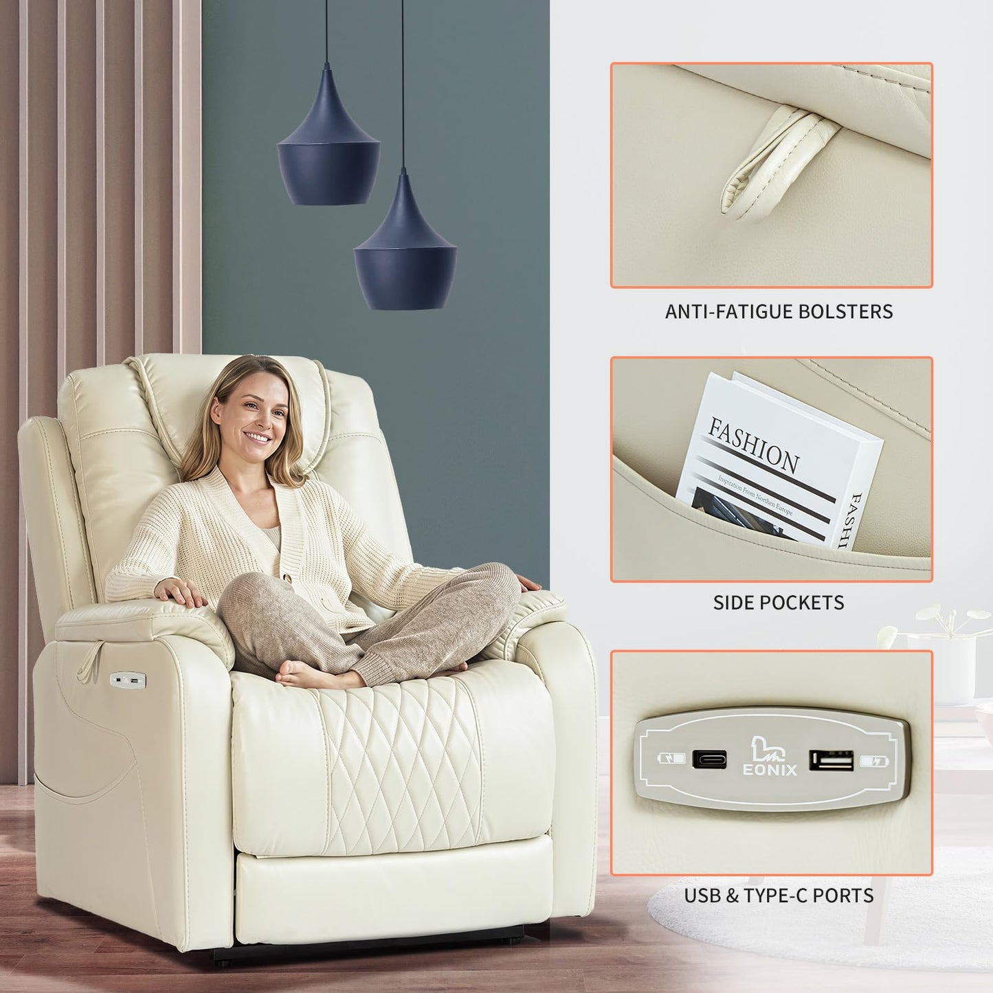 EONIX Triple Motor Lay Flat Power Lift Recliner Chair for Elderly with Massage, 400lbs Electirc Lift Chair for Living Room, Independent Adjustable Backrest Headrest, Extended Footrest, Cream White