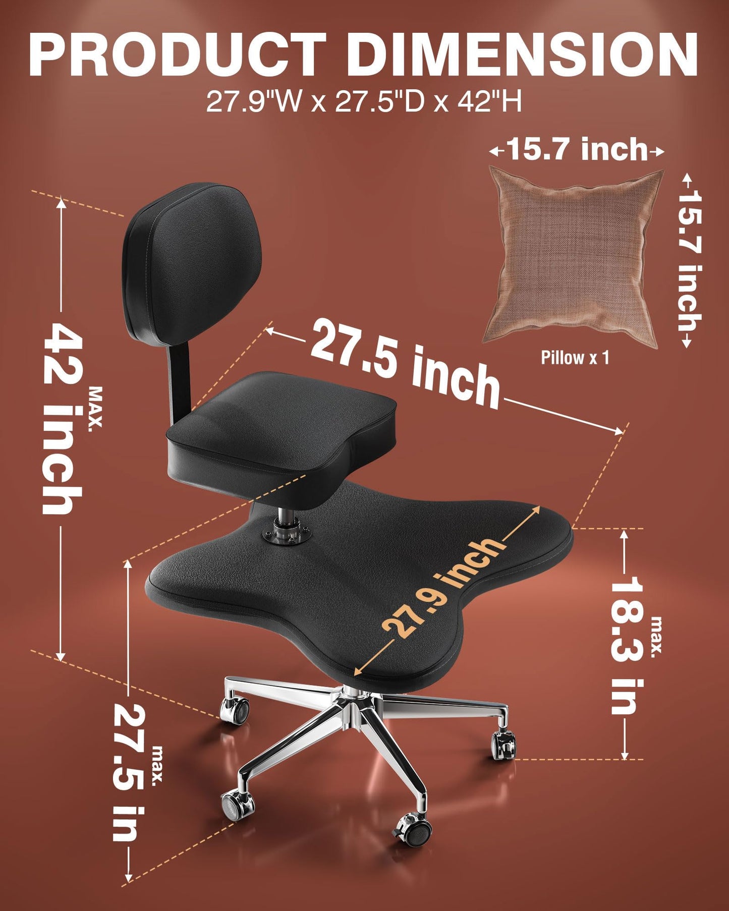PYY ADHD Chairs for Adults - Meditation Cross Legged Office Chair with Wheels, Ergonomic Squatting Kneeling Fidget Chair with Lumbar Back Support Adjustable Height for Home Office
