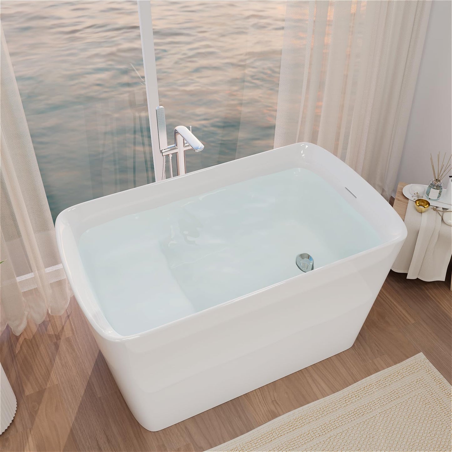 Mokleba 47" Lucite Acrylic Freestanding Bathtub,Square Shape Japanese Soaking Tub with Seat Desgin,Toe-tap Chrome Right Drain, Slotted Overflow, cUPC Certified,Glossy White