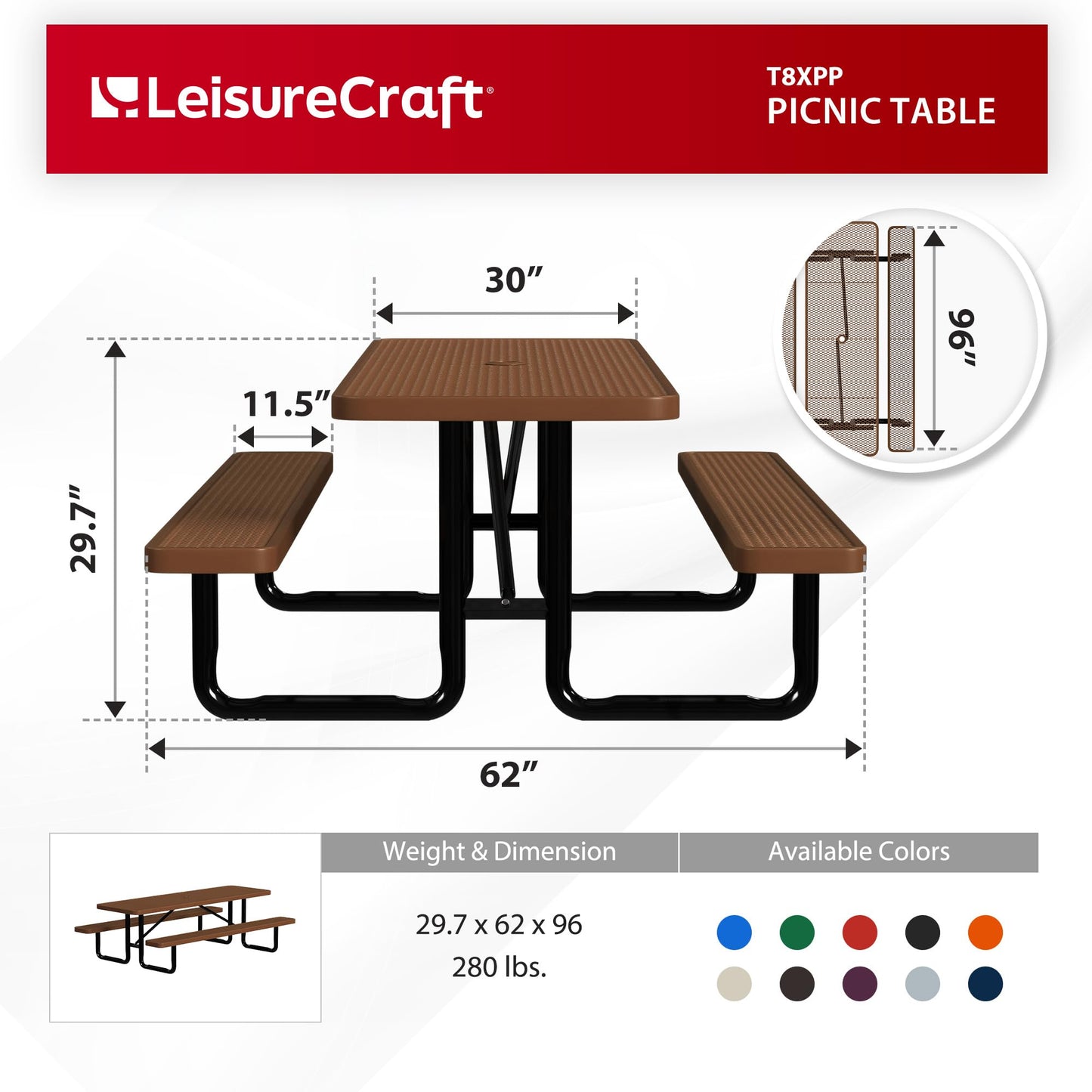 Leisure Craft Metal Picnic Table with Bench - 8 ft Rectangle Outdoor Dining Table for 8, Umbrella Hole, Weatherproof Heavy Duty Thermoplastic Coating, Commercial Grade Furniture Made in USA - Brown