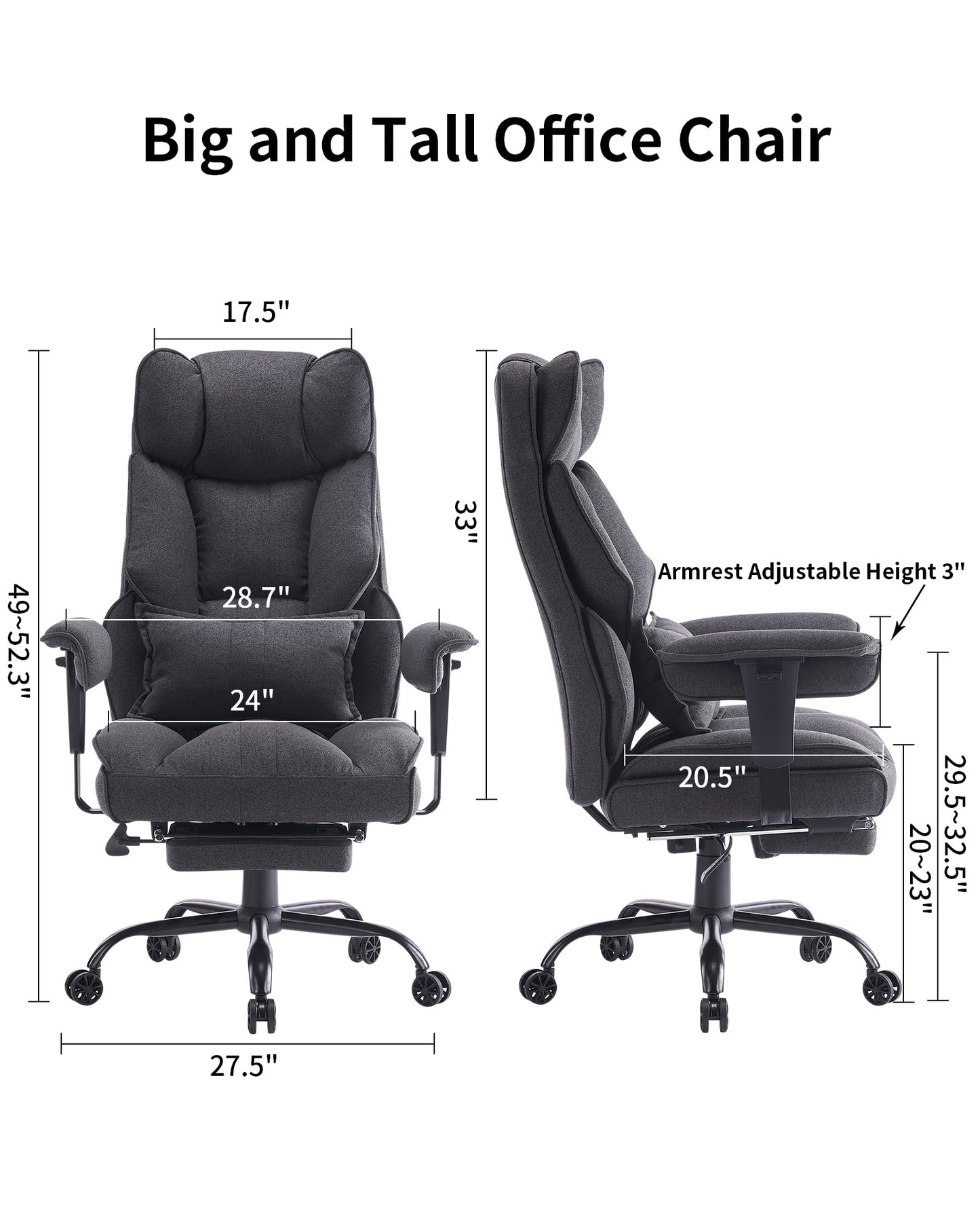 Efomao Fabric Office Chair, Big and Tall Office Chair 400 lb Weight Capacity, High Back Executive Office Chair with Foot Rest, Ergonomic Office Chair for Back Pain Relief, Dark Grey