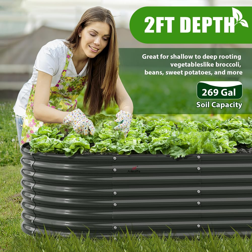 A ANLEOLIFE 6X3X2 ft Galvanized Raised Garden Beds Outdoor-2 Pack, Oval Large Metal Deep Root Planter Box for Planting Vegetables Flowers Herb, Anti-Rust & Easy-Setup, Quartz Grey