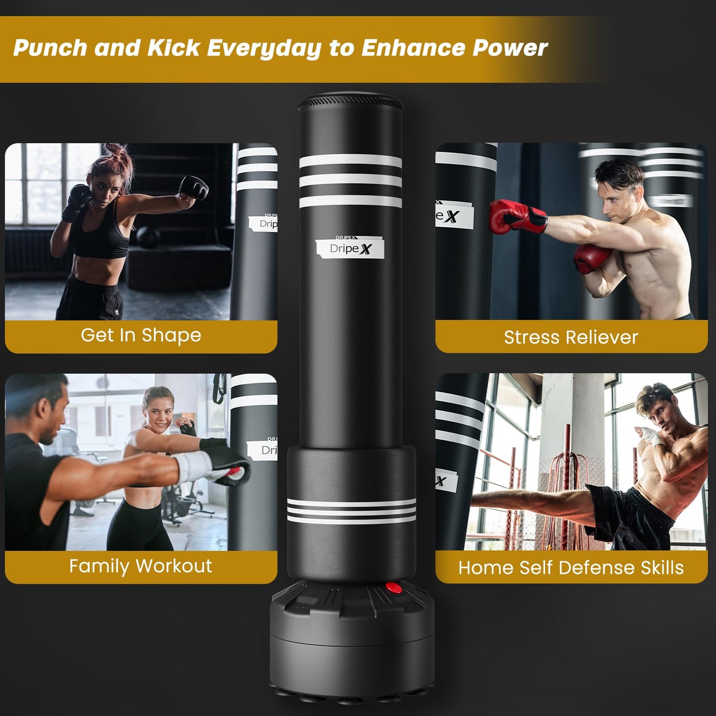 Dripex Freestanding Punching Bag, Heavy Punch Bag with Stand for Adults Teens, Men Standing Kickboxing Bag with Foam Protector, Suction Cup Base for Home Gym Office MMA Boxing Training