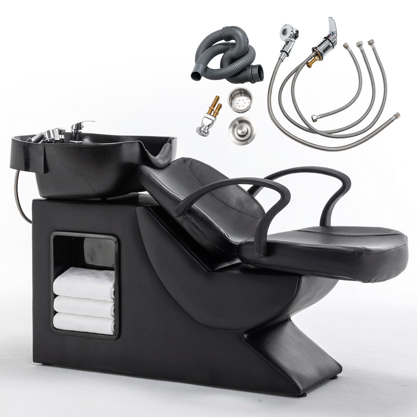 KEIKI Shampoo Bowl and Chair Set for Salon, Hair Washing Station with ABS Sink & PU Leather Chair, Ergonomic Chair with Neck Rest, Side Storage, Hot/Cold Faucet & Sprayer for Spa, Black