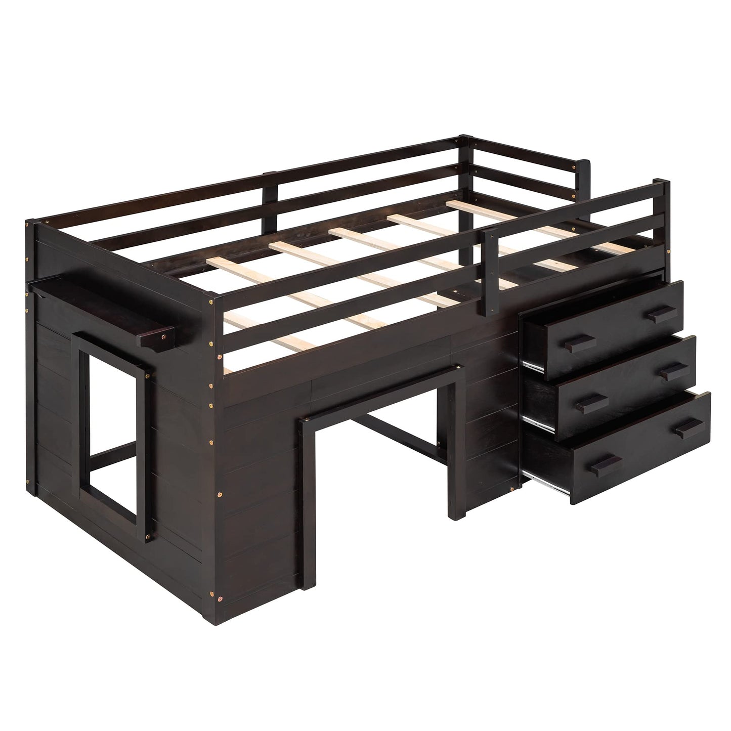 Merax Twin Size Loft Bed, Wood Bedframe for Kids Teens Adults Bedroom with Cabinet, Shelf, Stairs, Espresso