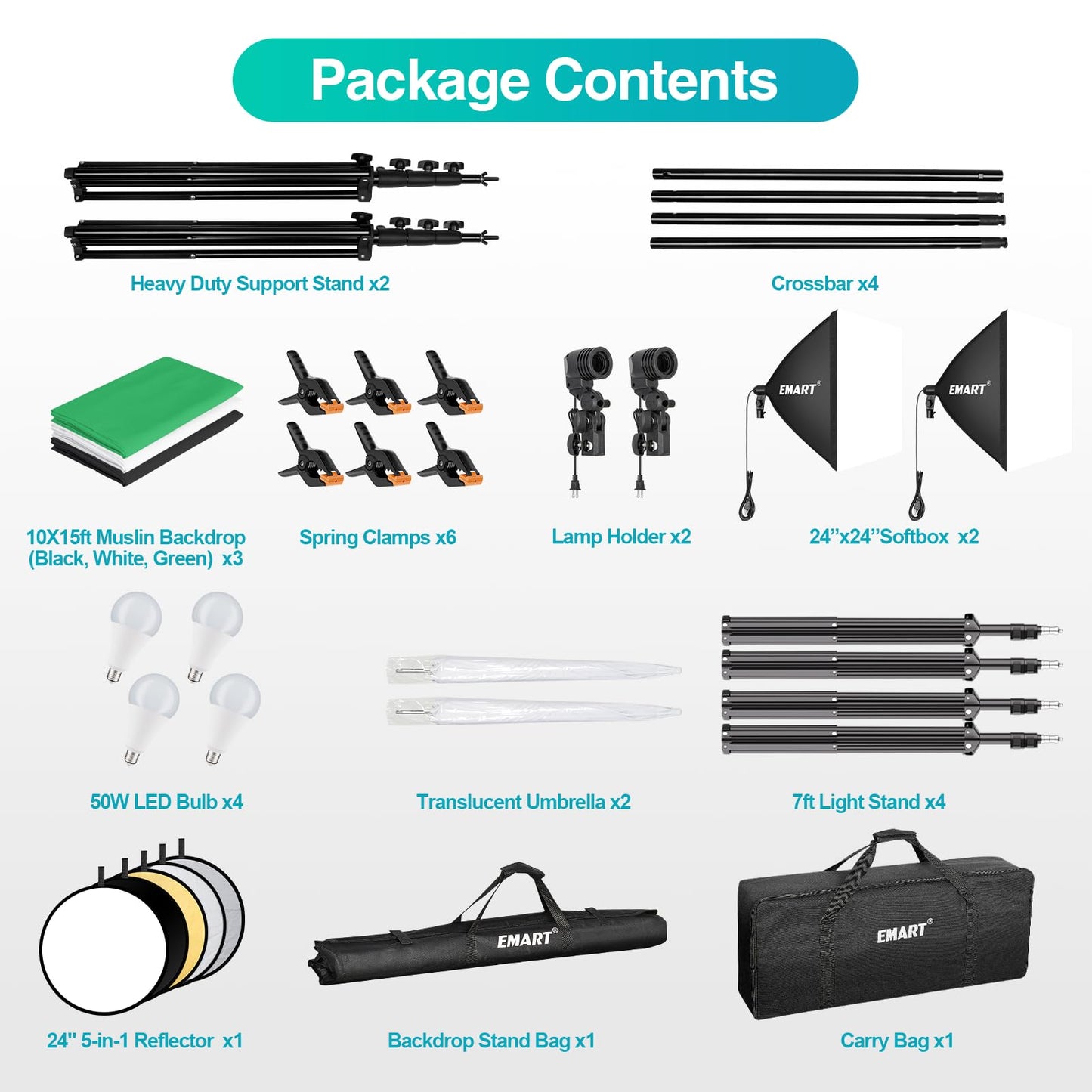 EMART 10 x 10 ft Heavy Duty Backdrop Support System, Professional Photography Lighting Kit with 5500K 50W LED, 10 * 15ft Backdrop *3, Reflector, Umbrellas&Softbox Lighting Kit for Studio, Portrait