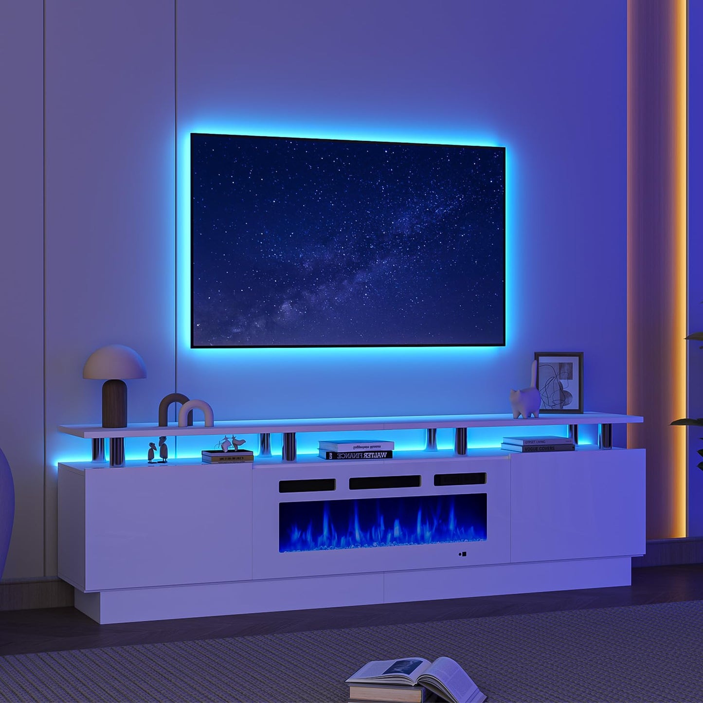 MXV 80" Fireplace TV Stand, Modern Entertainment Center & 36 Inch Electric Fireplace with Remote Control, LED Light, Fire Place Tv Stand for Living Room for TVs up to 90", White + White