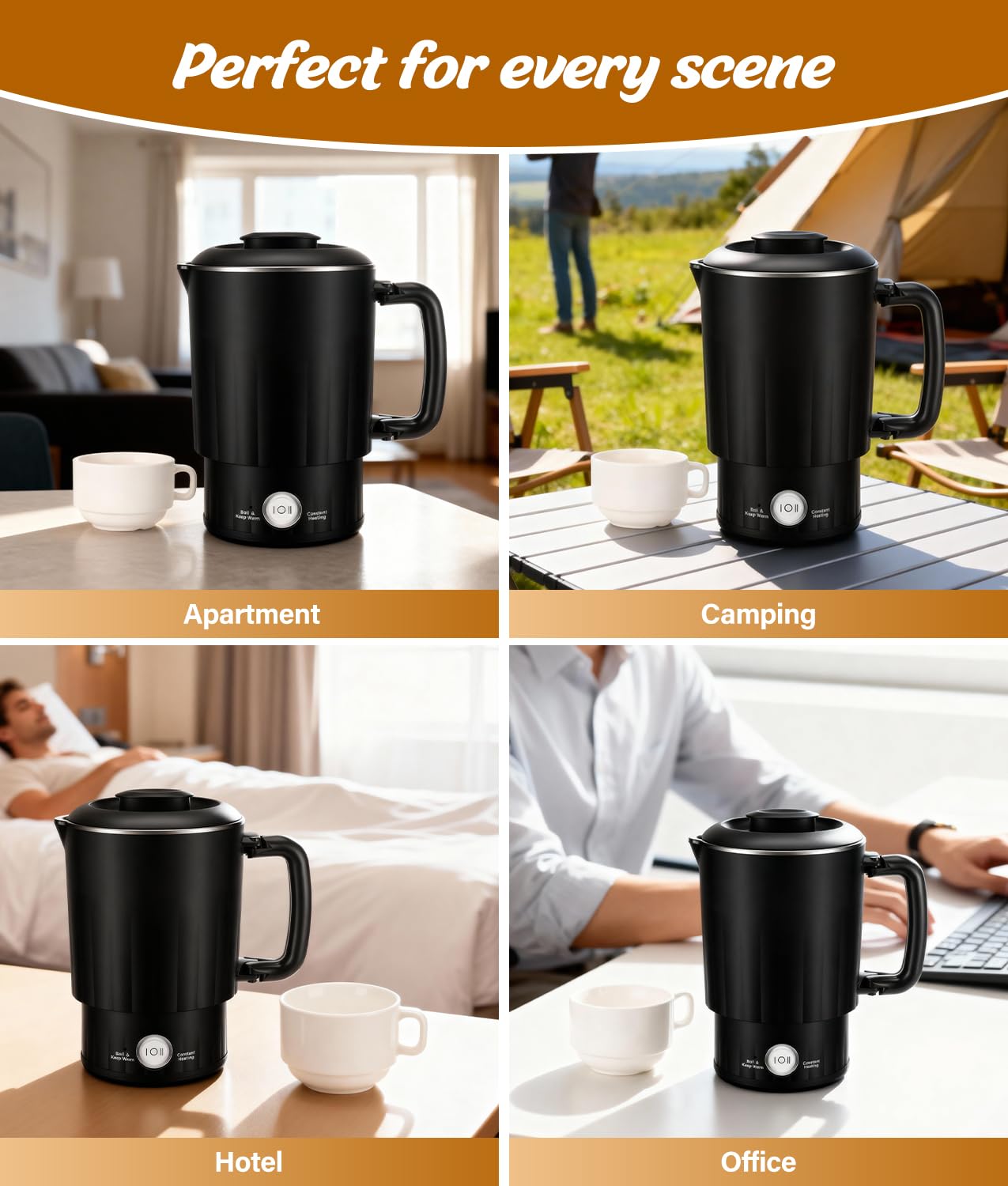 Portable Travel Electric Kettle, 600ML Small Water Kettle with Ceramic Cup, 304 Stainless Steel Water Boiler with Dual Power Control, Compact Design for Camping, RV, Business Trip & Hotel Stays, Black
