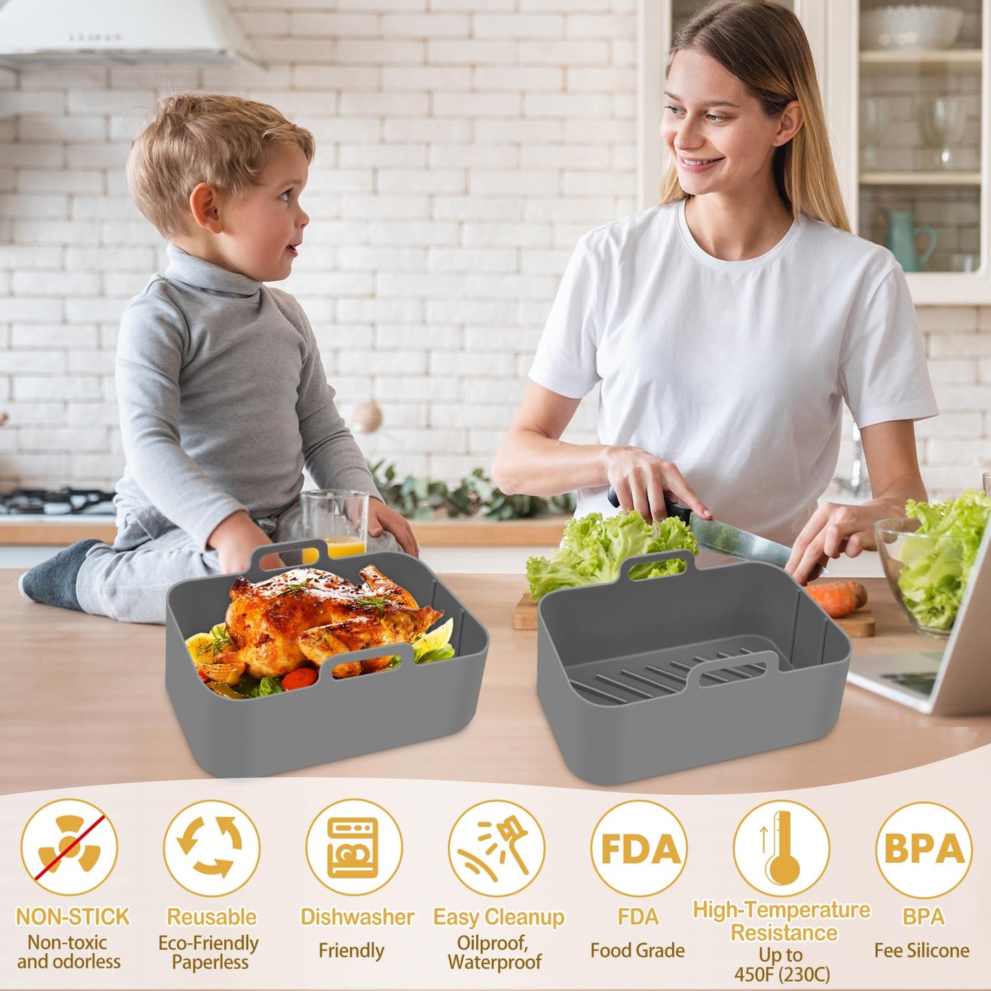Silicone Air Fryer Liners 10QT, Reusable Airfryer Basket Liners for Ninja DZ550/DZ401, 2Pcs 5QT Large Air Fryer Accessories, Dishwasher safe (8.46 * 5.9 inch (10 QT), DZ401 - Black)