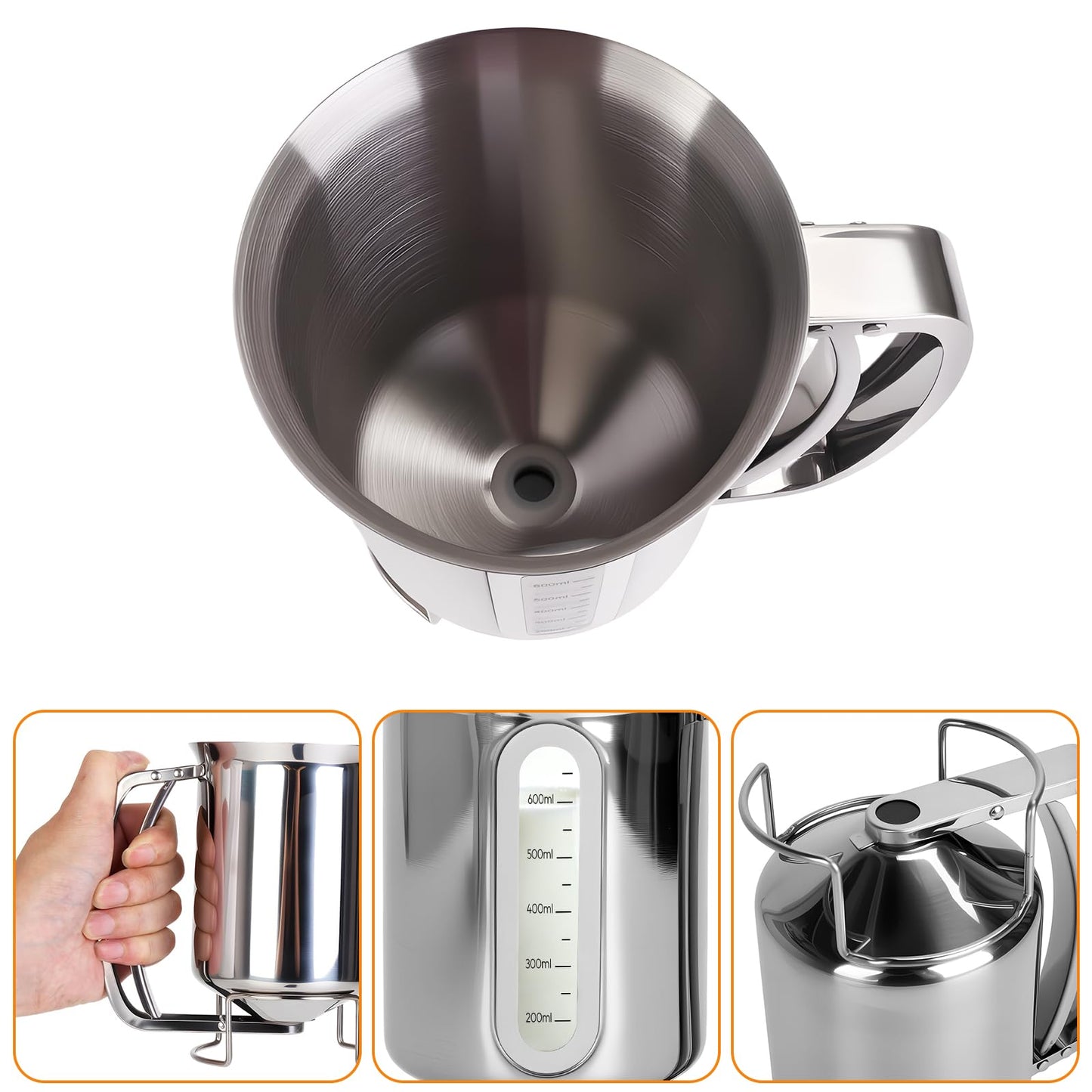 32oz 900ml Pancake Batter Dispenser, Stainless Steel Batter Dispenser with Handle, Visible Scale, Pancake Mix Dispensers for Funnel Cake, Pancakes, Cupcakes, Waffles, Crepes