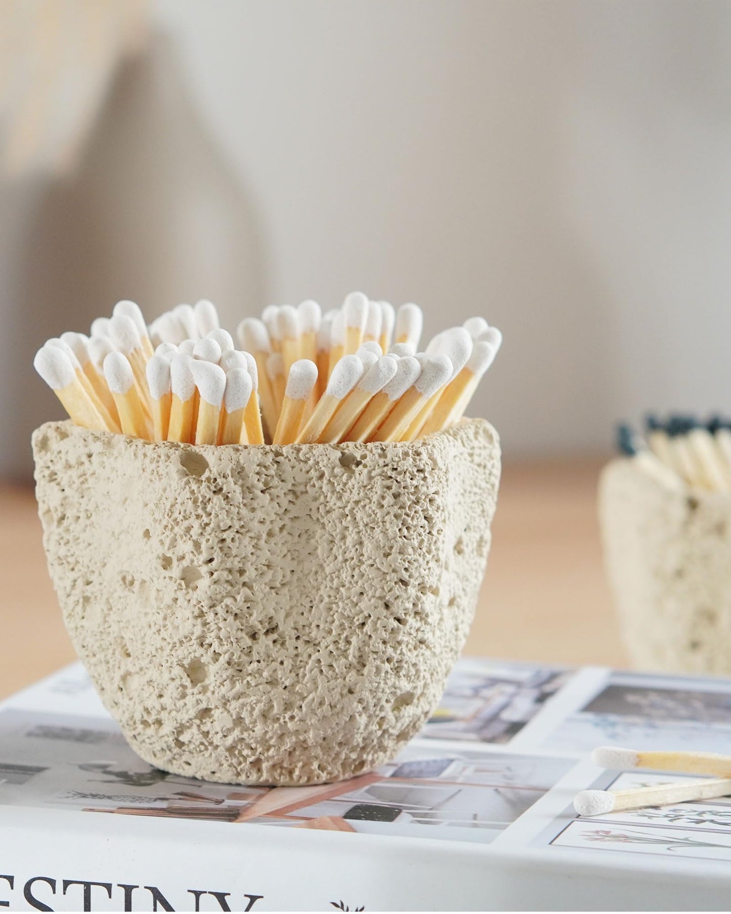 DINLiAN S Concrete Matches Holder with Striker-Beautiful Petal Shape Match in Jar-for Cute/Fancy/Long Candle Match,Refresh Any Modern Home Decor with Premium floral Jar-No Matches (milky beige)