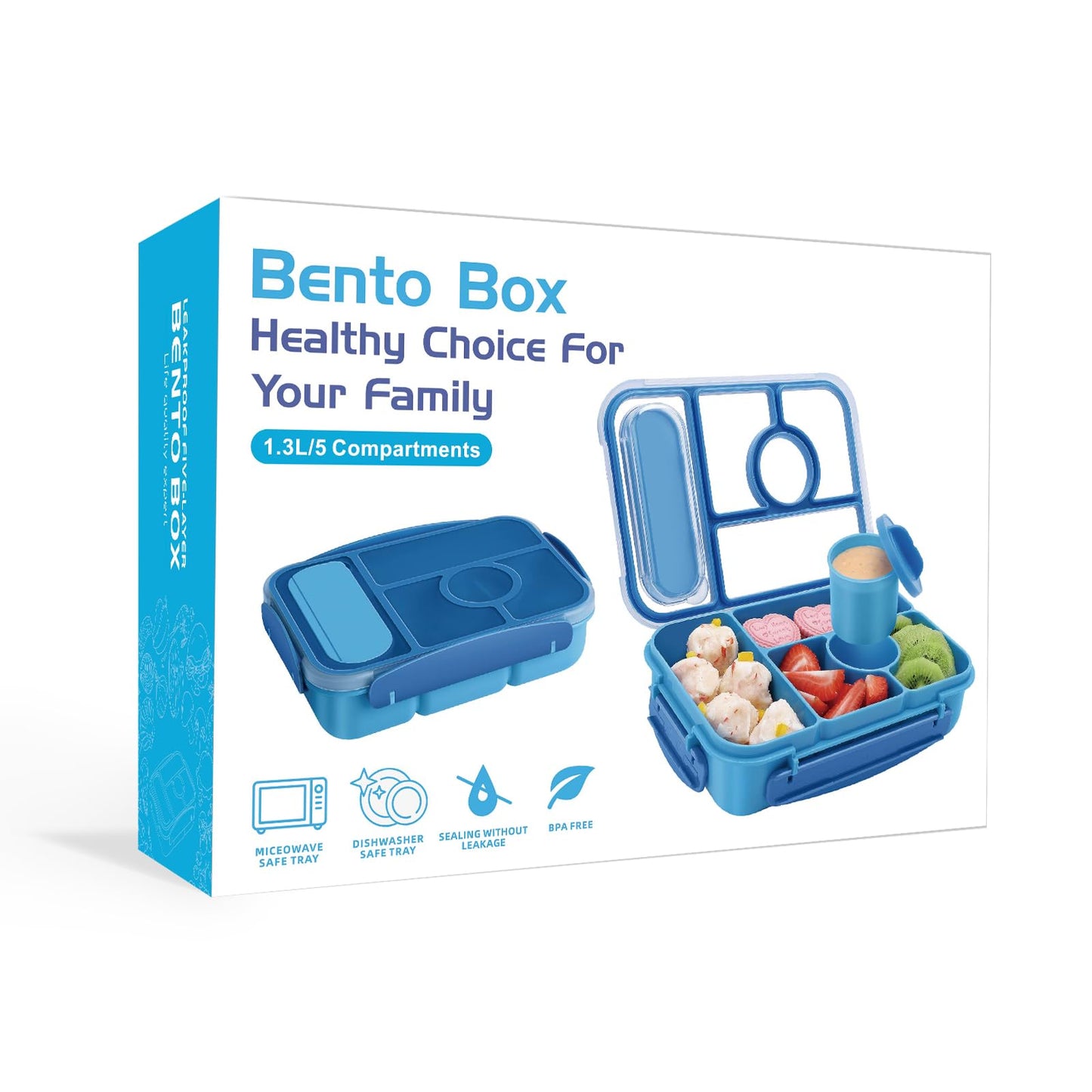 Amathley Bento Box Adult Lunch Box Kids,Lunch Containers for Adults/Kids/Toddler,5 Compartments Bento Lunch Box with Sauce Vontainers,Microwave & Dishwasher & Freezer Safe,BPA-Free (Blue)