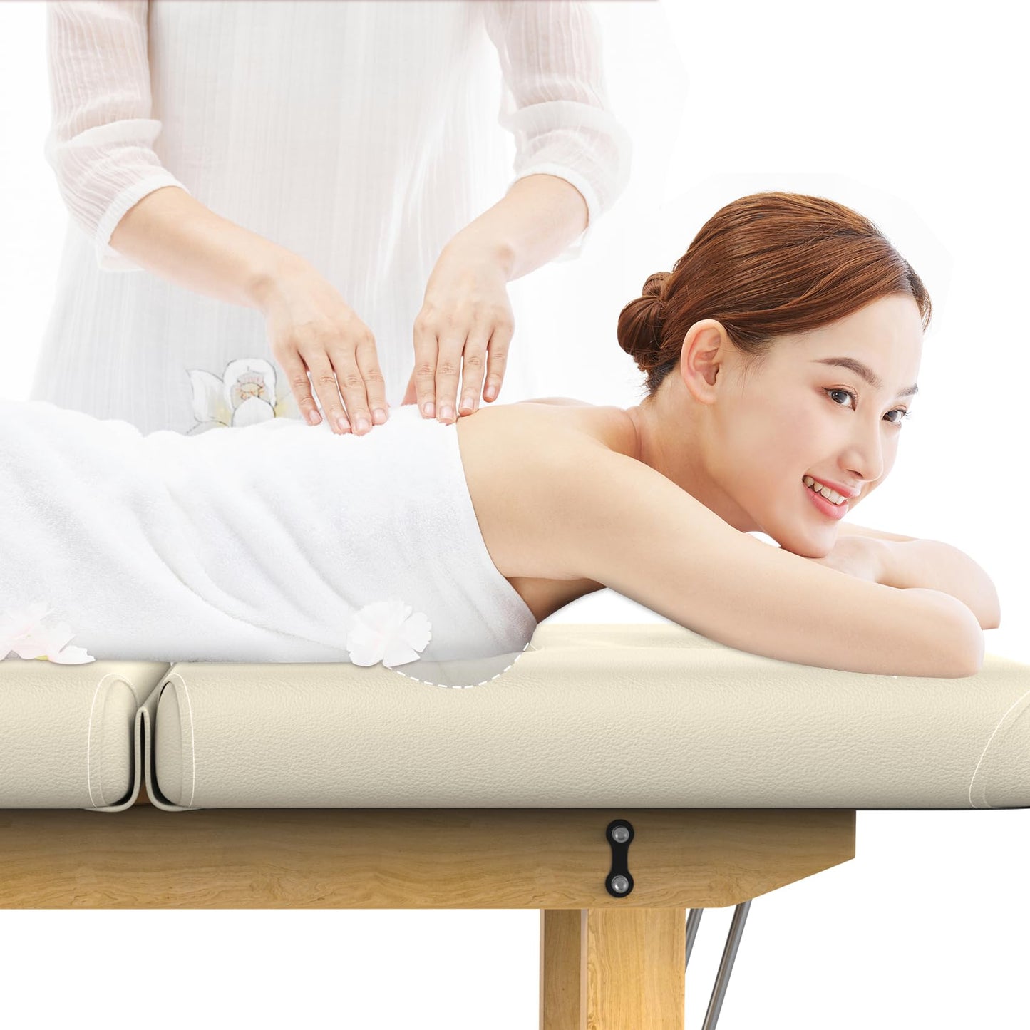 Wood Wide Stationary Massage Table for Treatment Table Physical Therapy Table Spa Facial Bed, PU Leather 31.5'' Wide 75'' Long Heavy Duty Professional Stationary Massage Bed - Beige Gray, 6-Legged
