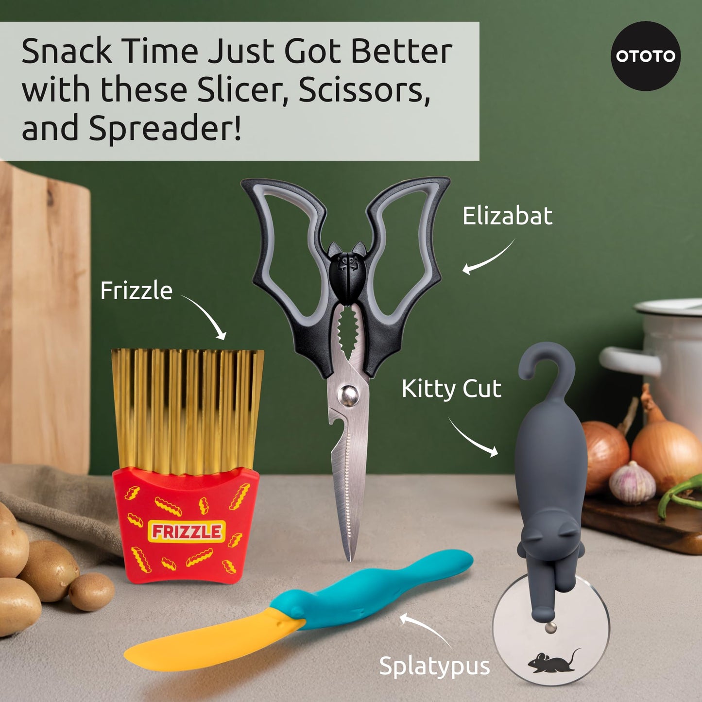 NEW - OTOTO Frizzle Crinkle Fry Cutter - Crinkle Cutter for Veggies, Waffles, Fries, Cool Kitchen Gadgets, Cute Kitchen Accessories, Funny, Unique Gifts, White Elephant Gifts, Quirky
