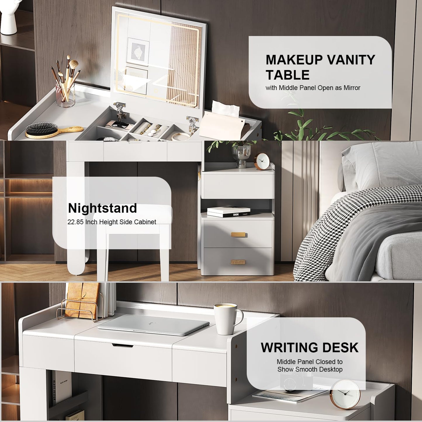 Merax Makeup Vanity Desk with Flip-Top Mirror and Lights, Modern Vanity Set with Cushioned Stool, 3-in-1 Dressing Table with Retractable Side Cabinet and Ample Drawers for Bedroom, White