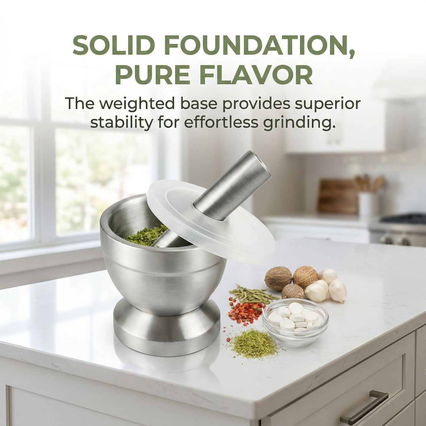 Stainless Steel Mortar and Pestle Set, Spice Grinder & Herb Grinder Bowl with Anti-Slip Base, Large Capacity, Easy to Clean Grinding Tool for Herbs, Spices & Tablets (Large)