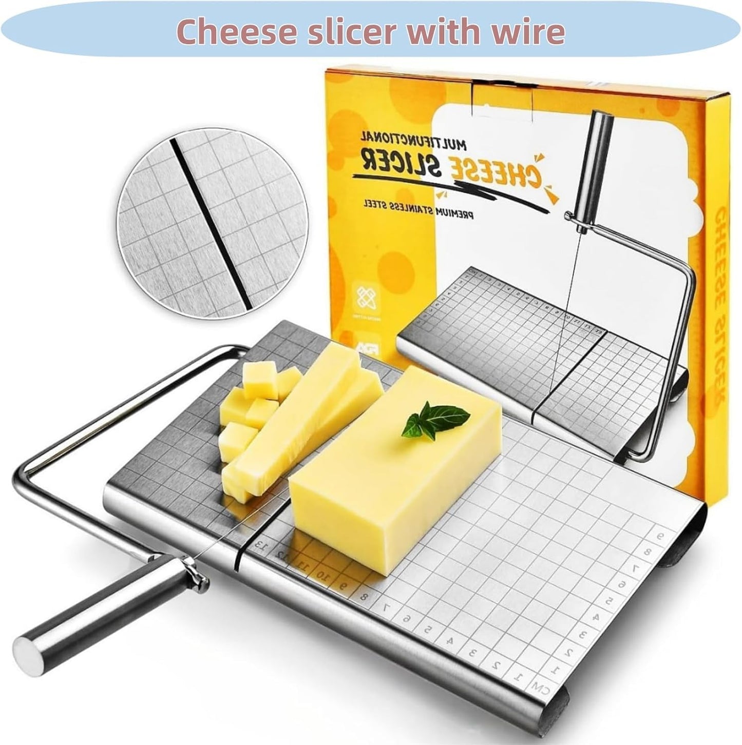 Direvcdro Stainless Steel Cheese Slicer with 5 Replacement Wires Adjustable Cheese Cutter and Cutting Board - For Block Cheese with Precision Scale for Gadget,Charcuterie etc
