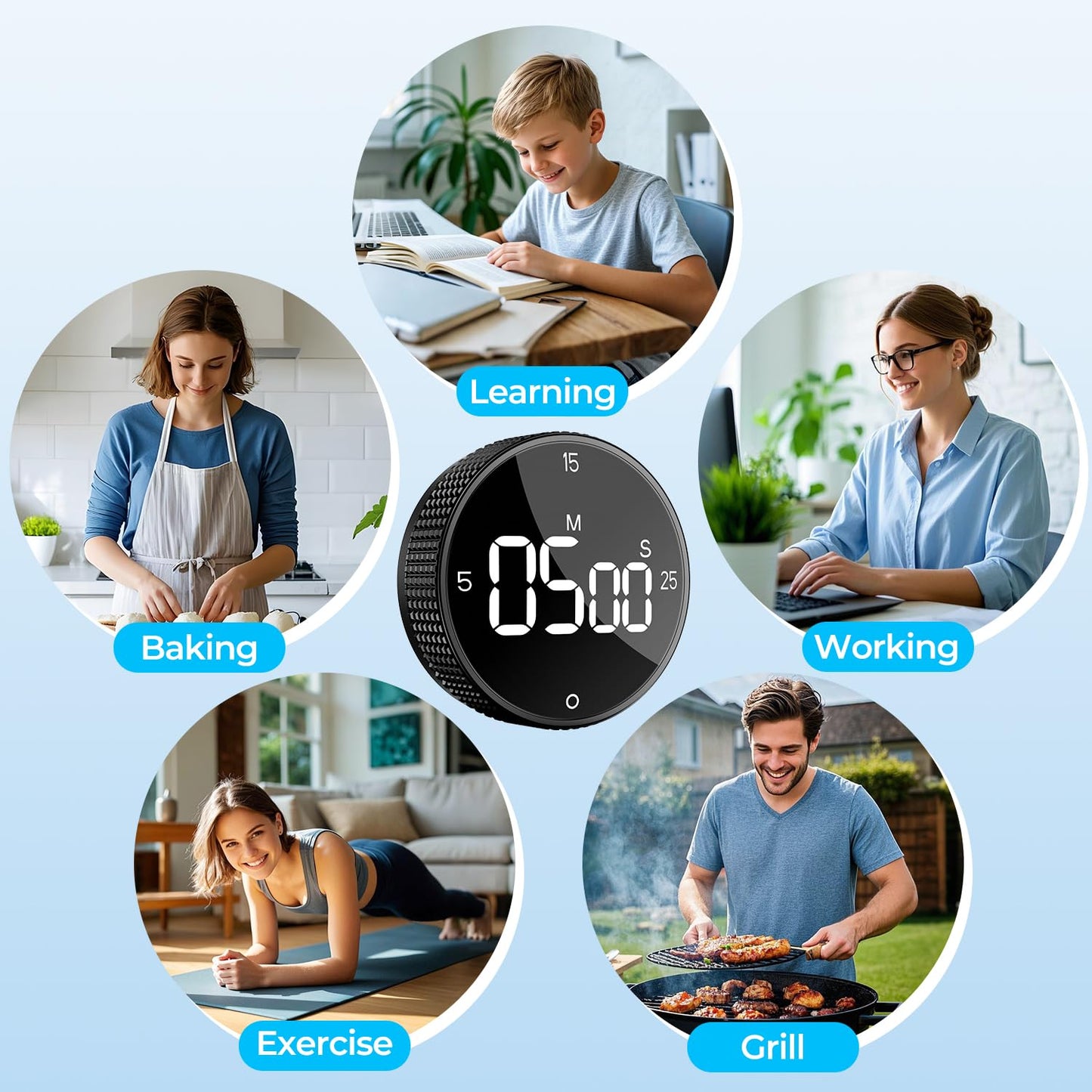 Allbean USB Rechargeable Magnetic Kitchen Timer for Cooking, Building 800mAh Battery Large Display Digital Countdown Countup Timer, 3 Preset 5/15/25 Mins Loud Alarm for Baking Grilling Studying