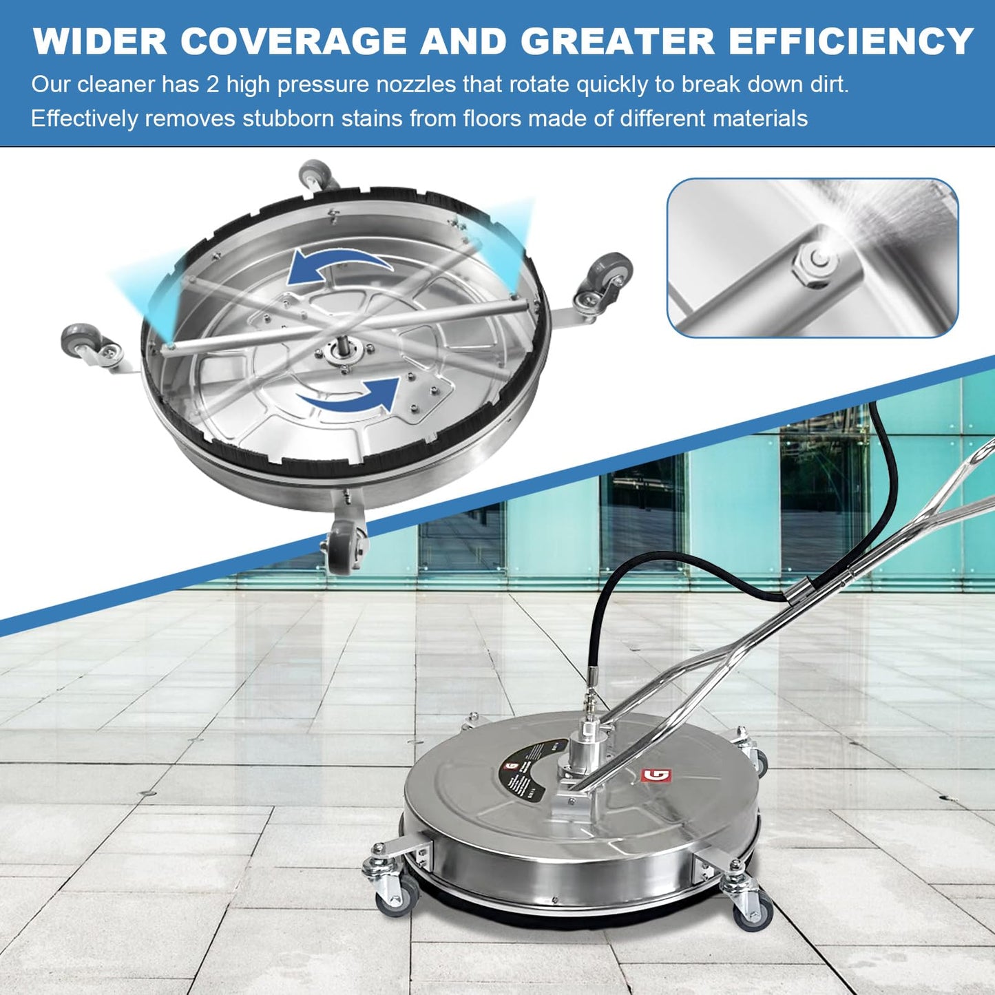 20" Pressure Washer Surface Cleaner with 4 Wheels - Stainless Steel Dual Handle Surface Cleaner 4600 Max PSI, 3/8" Connector & 1/4" Adapter Power Washer Floor Attachment,for Floor Driveway, Patio