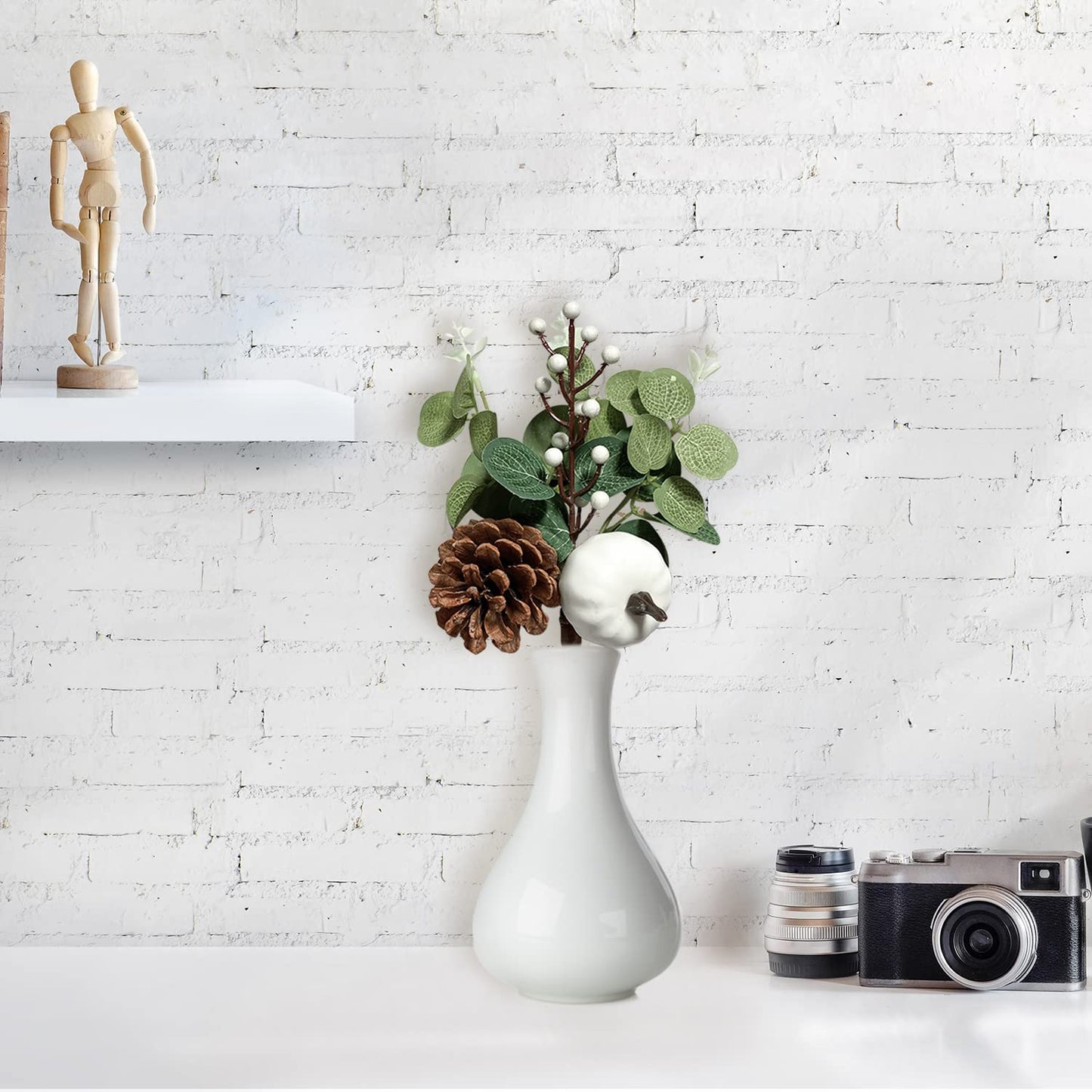 Adurself 12PCS Greenery Stems Artificial Eucalyptus Leaves Fall Picks with White Pumpkin Pinecones for Wedding Table Decor Autumn Thanksgiving Day Flower Arrangements Wreaths Indoor Outdoor Home Decor