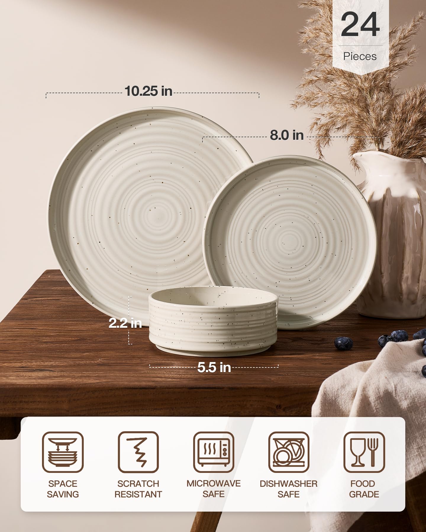 Famiware Premium 24-Piece Stoneware Dinnerware Set – High Edge Plates and Bowls with Reactive Glaze, Speckles & Spirals, Scratch Resistant Dishes, Dishwasher Safe, Service for 8, Gift Box, Shell Beige
