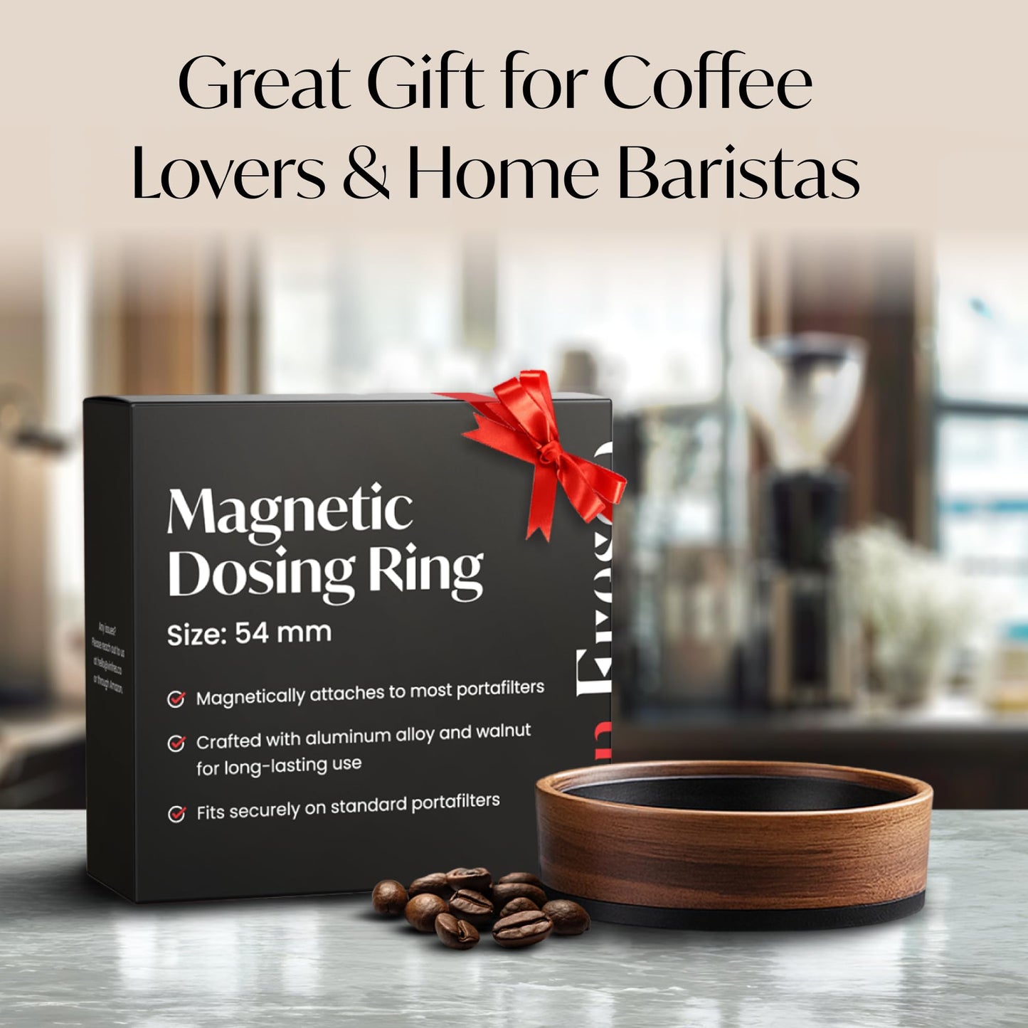 54mm Espresso Dosing Funnel – Magnetic Coffee Dosing Ring Compatible with 54mm Portafilter – Compatible with Breville and DeLonghi Portafilters – Aluminum Alloy & Real Walnut Design – Black & Walnut