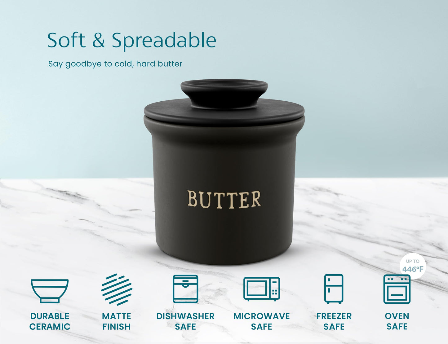 Kook Butter Crock with Lid, Soft Spreadable Butter, Ceramic French Butter Keeper to Leave On Counter with Water Line, Butter Dish, Home and Kitchen Decor, Perfect for Christmas Gift (Black)