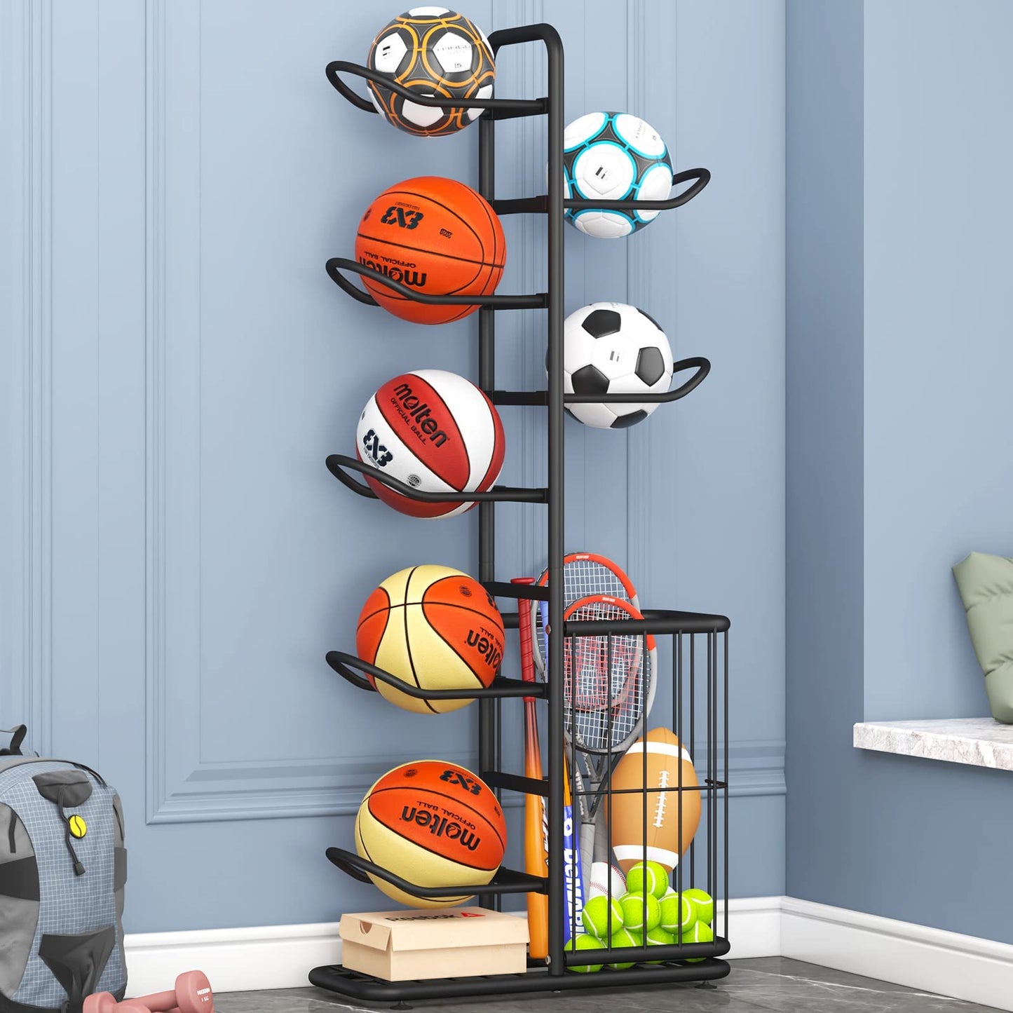 YIILII 7-Ball Sports Equipment Storage Rack with Ball Holder, Ideal for Garage or Indoor Use - Organize Toys, Sports Gear and More, 57.5" (Black)