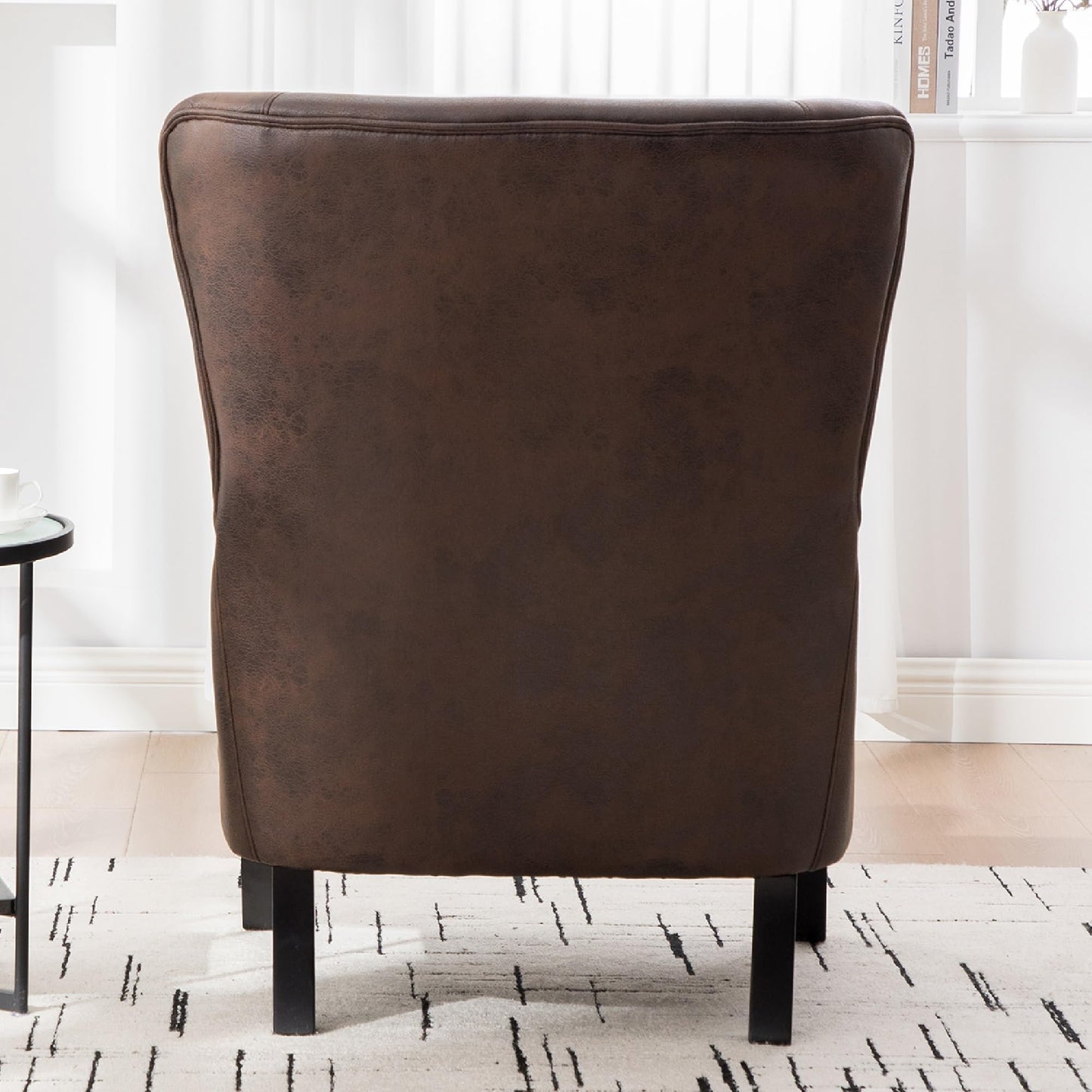 KEIKI PU High Back Accent Chair Oversized, Retro Wingback Reading Armchair with Solid Wood Legs, Mid-Century Comfy Arm Chair Lounge, Upholstered Single Sofa for Living Room, Easy Assembly, Brown