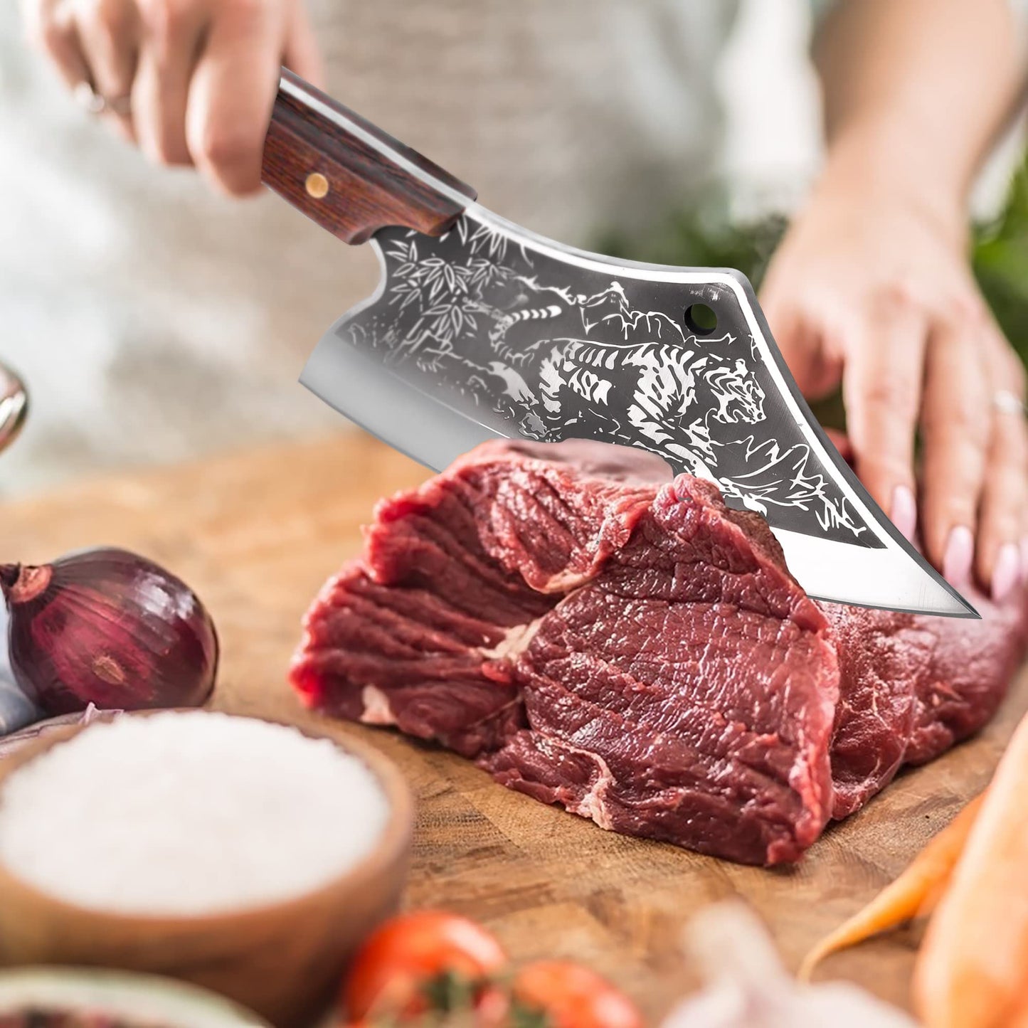 Meat Cutting Cleaver, Japanese Style Viking Kitchen Boning Knives with Sheath, Forged Butcher Deboning curved blade with Tiger Pattern, for Home and Restaurant - Premium Gift