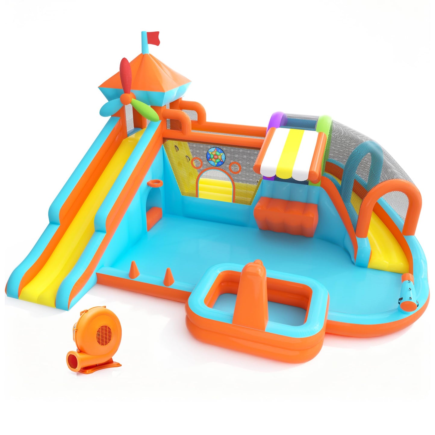 Inflatable Bounce House with Double Slide, 10 in 1 Large Bounce Castle with 750W Blower, Water Slide, Jumping, Splash Pool, Climbing Wall, Toy Stand, Water Cannon, Basketball, Tunnel, Outdoor, Orange