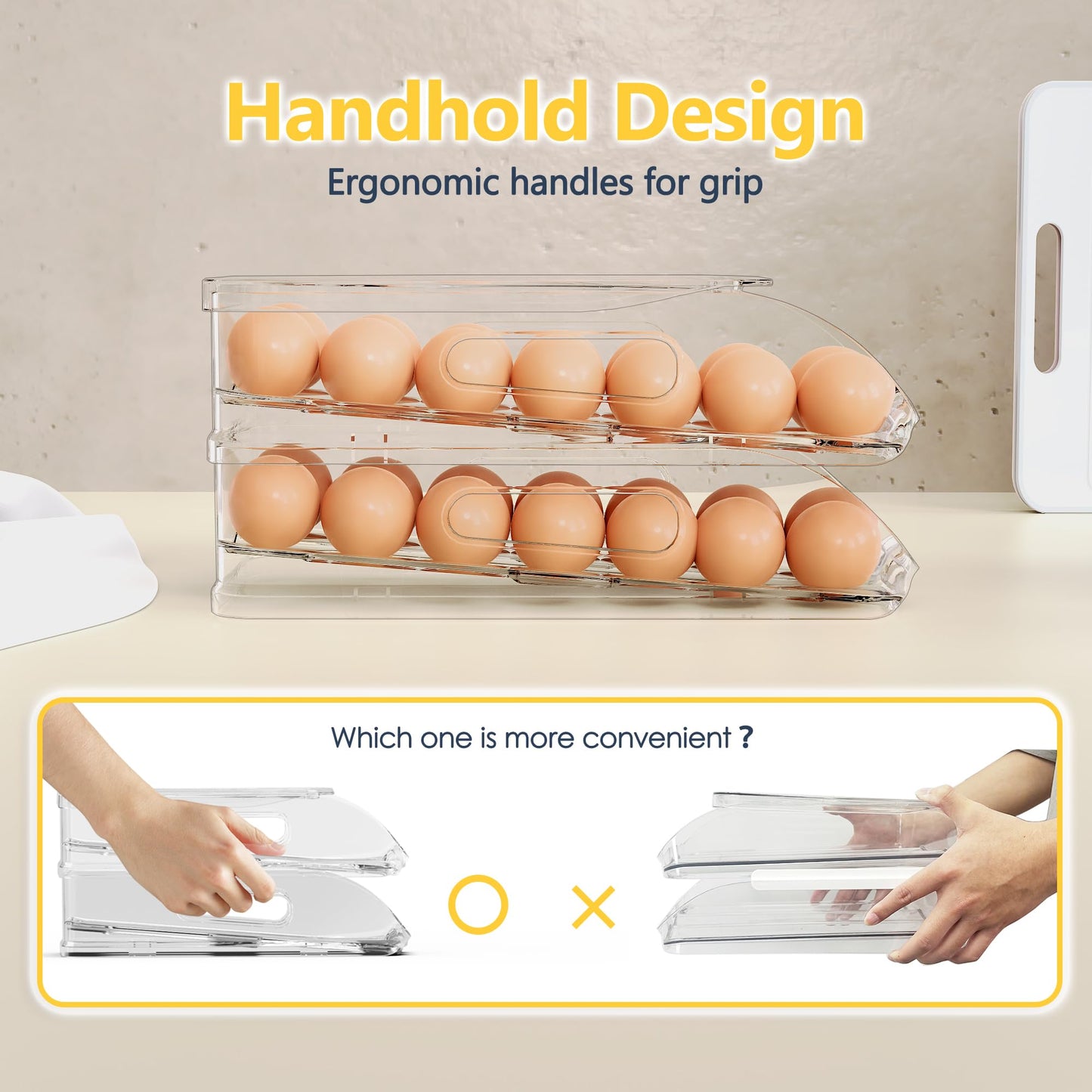 SMRCAD Egg Holder for Fridge, Automatic Steady Rolling Egg Container with Soft Bumpers & Handle for Refrigerator, Stackable Fridge Organizers and Storage with Lid