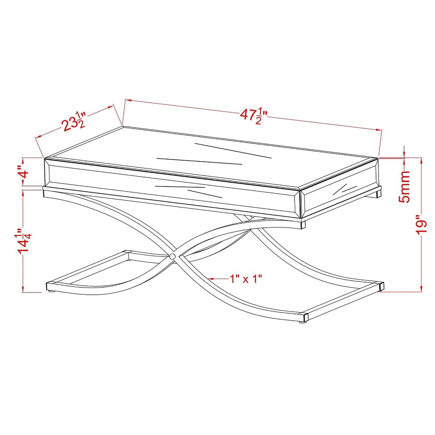 Furniture of America Luxy Glam Mirrored Top Metal 48 in. Rectangle Coffee Table for Living Room, Bedroom, Chrome Silver