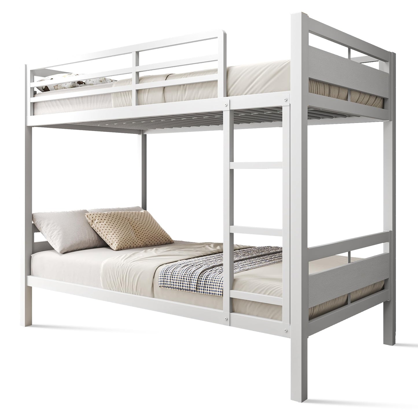 Feonase Metal Bunk Bed Twin Over Twin with Ladder and High Guardrail, Heavy-Duty Metal Slats Support, Noise Free, No Box Spring Needed, for Kids and Juniors, Black