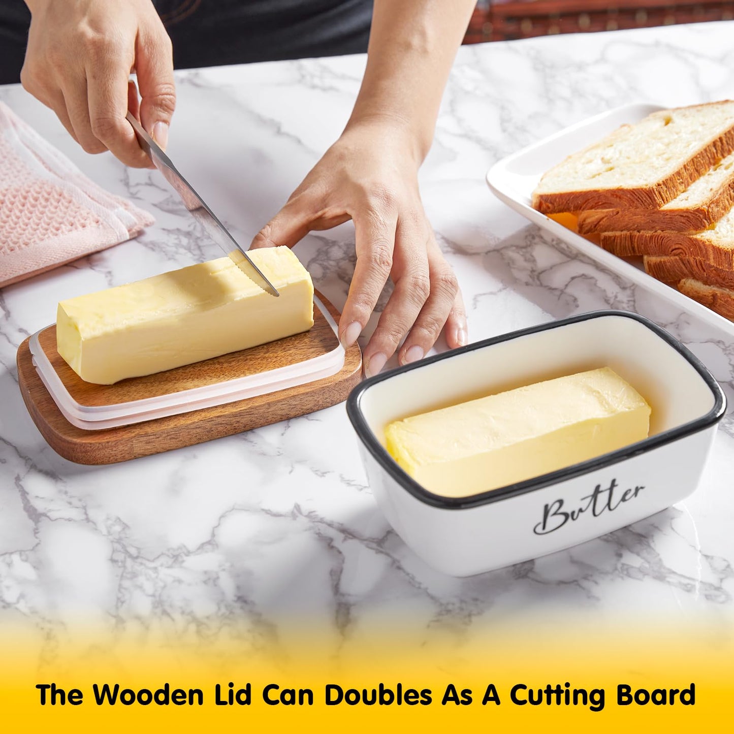 Butter Dish with Lid, ALELION Large Ceramic Butter Dish for Countertop, Butter Keeper with Thick Acacia Wood Lid, Kitchen Decor and Accessories for Kitchen Gifts, White