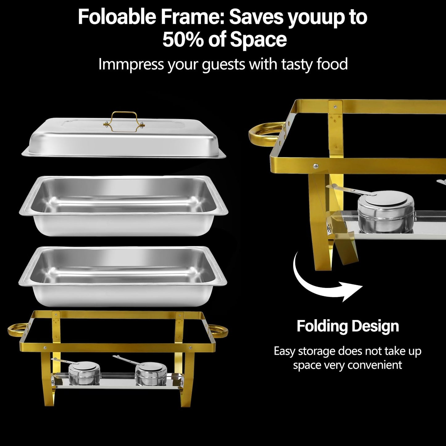 XYJBHB Chafing Dishes for Buffet, 9QT 8 Pack Chafing Dish Buffet Set, Stainless Steel Catering Warmer Server with 8 Full Size Pans for Home Party Wedding Buffets, Gold