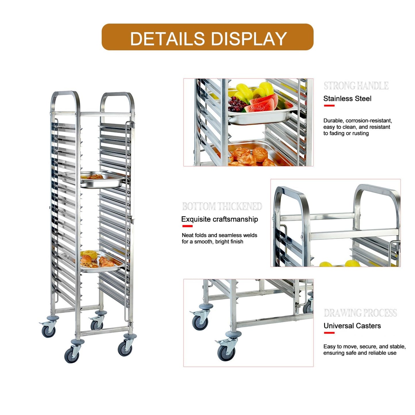 WRYsqbhjyb Stainless Steel Work Table, Kitchen Trolley Cart with Wheels, Bakery Rack Serving Cart with Brake for Kitchen Prep Work(Large)