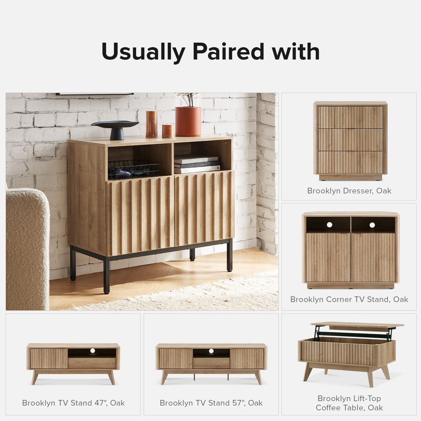 mopio Norwin Storage Cabinet, Sturdy Modern Rustic Industrial Buffet Sideboard, Fluted Accent Storage Cabinets, Credenza, Oak Wood TV Stand, Entertainment Center, Media Console, Living Room (Single)