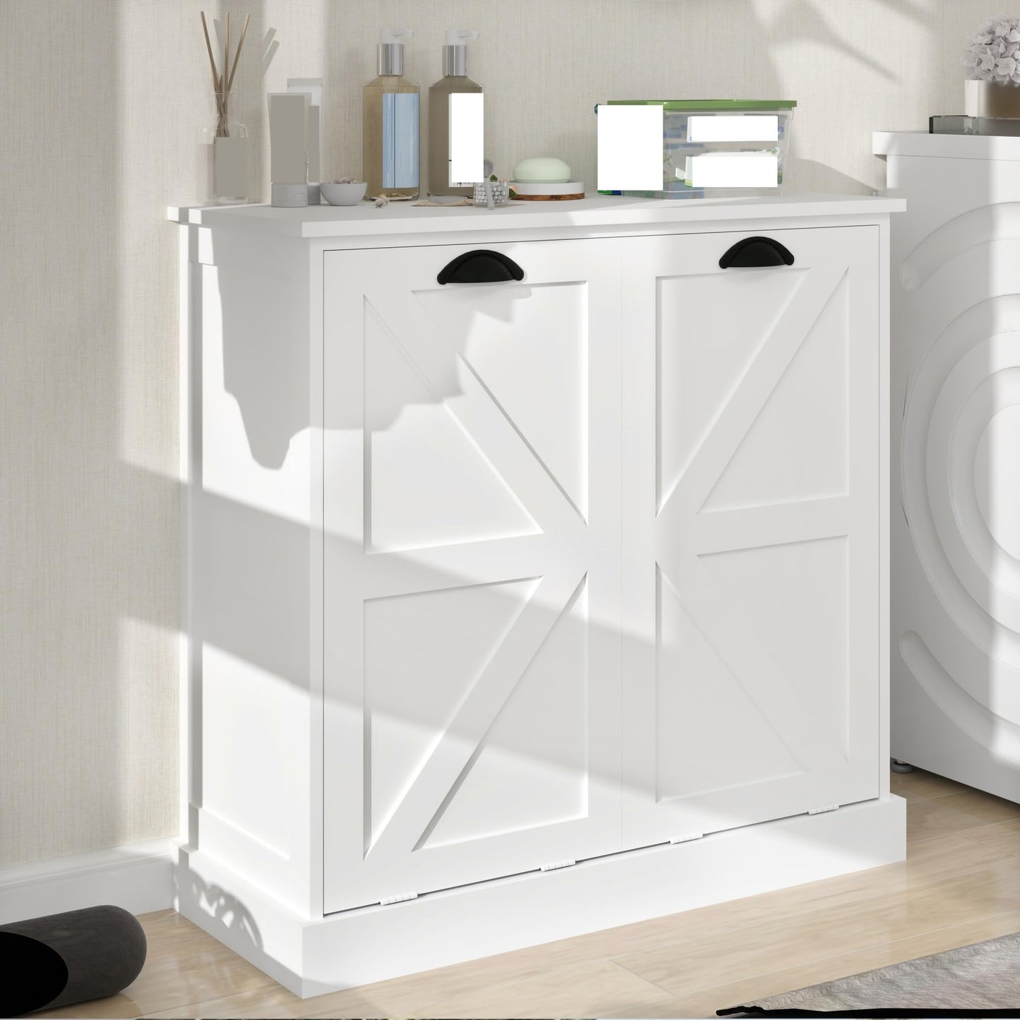 Modern Contemporary Laundry Sorter Cabinet, Two-Compartment Tilt-Out, for Bathroom Living Room Hallway