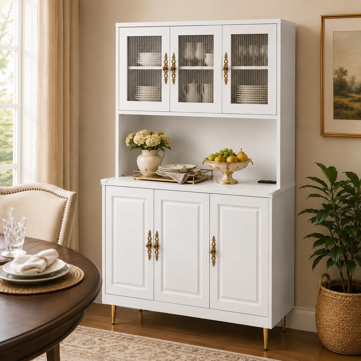 AUN Metal Pantry Cabinet with Charging Station - 68" Multi-Scene Storage Cabinet for Kitchen, Coffee Bar, Dining Room | Adjustable Shelves & Soft-Close Doors,White