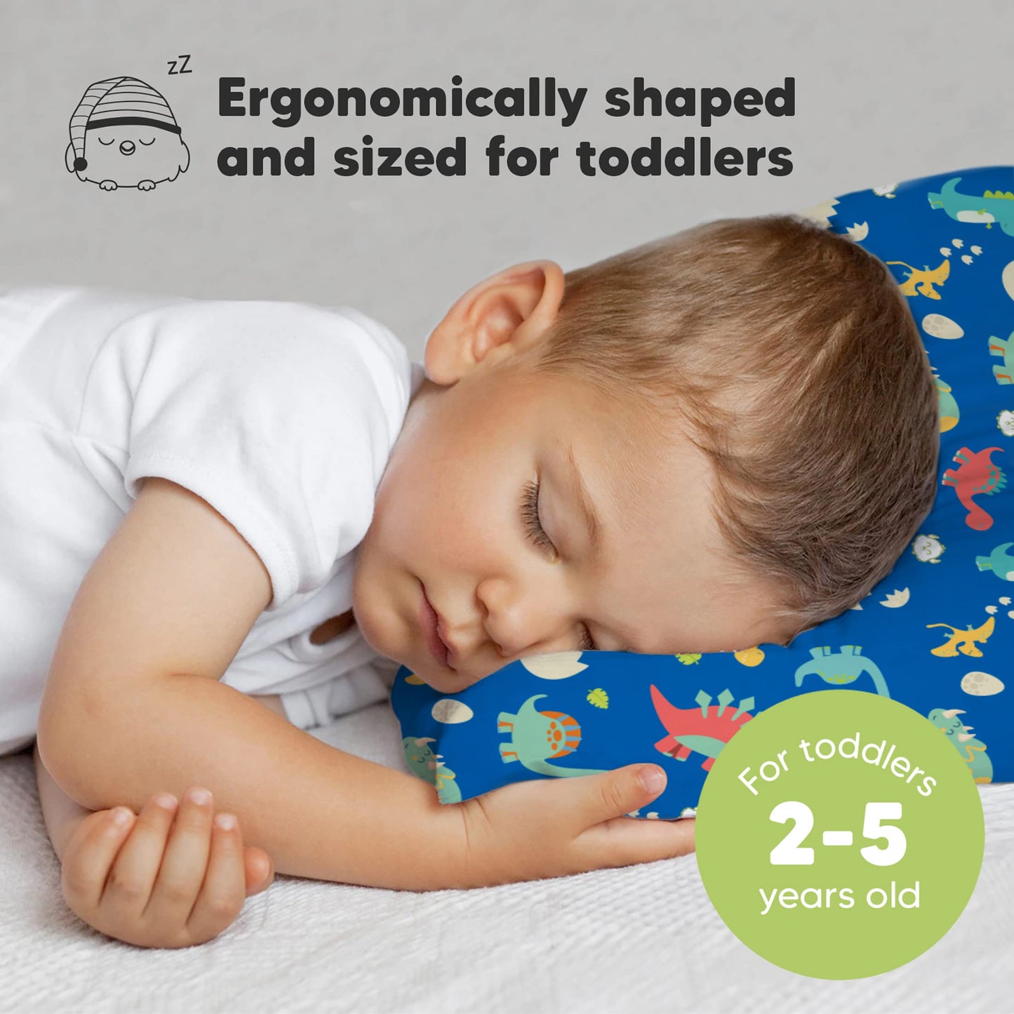 Toddler Pillow with Pillowcase - 13x18 My Little Dreamy Kids Travel Bed Pillows for Sleeping, Organic Cotton Small Pillowcase, Soft & Breathable, Machine Washable, Toddlers 2-5 Years Old (DinoWorld)