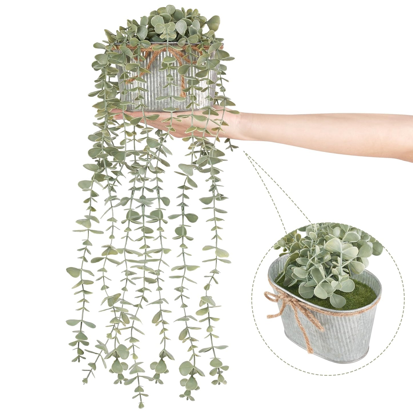 Mkono Fake Hanging Plants in Farmhouse Galvanized Pots Rustic Faux Potted Eucalyptus Greenery Indoor Artificial Plants for Book Shelf Mantel Living Room Bathroom Bedroom Home Office Decor (1, Grey)