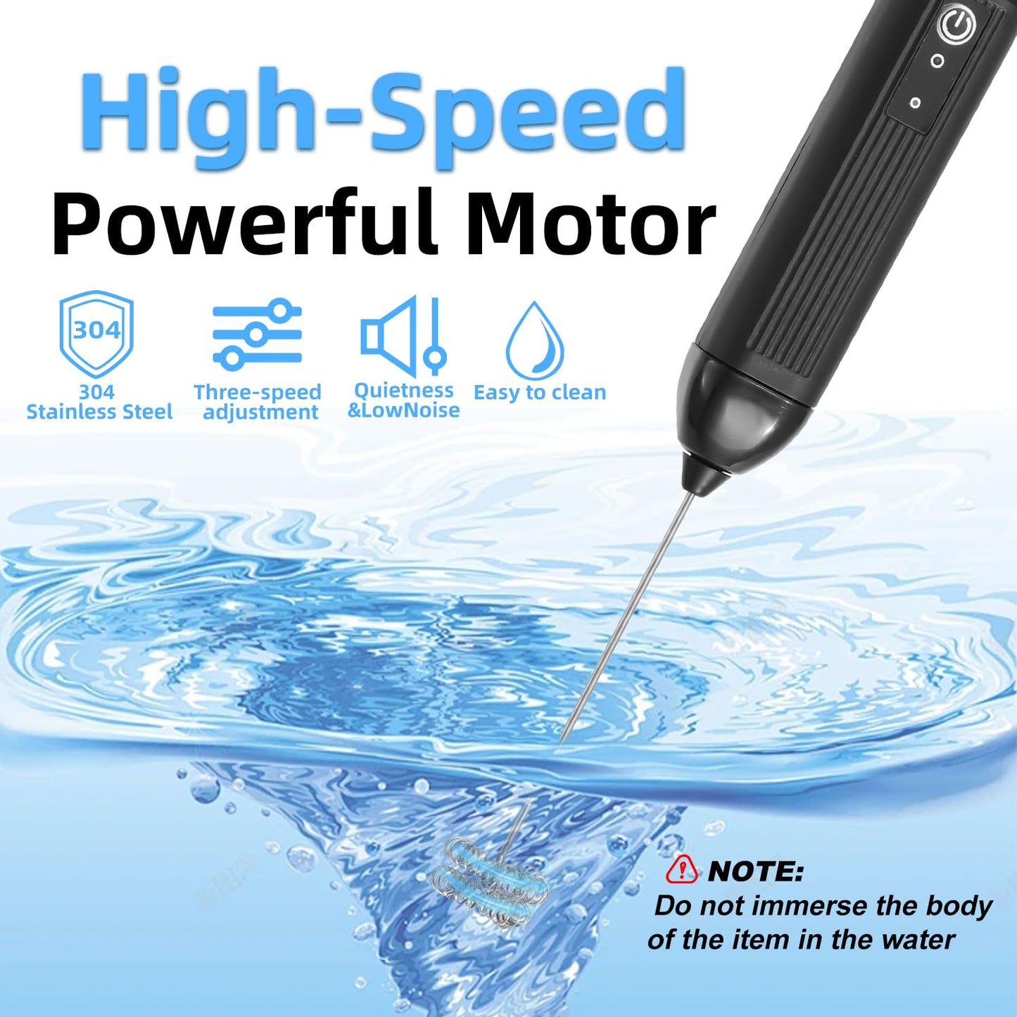 Rechargeable Milk Frother Handheld, 3 Speeds Electric Coffee Mixer Wand with Stainless Steel Whisk for Hot Chocolate, Eggs, Latte, Cappuccino (Black)