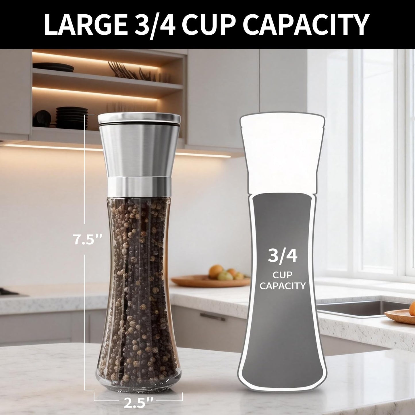 Premium Salt and Pepper Grinder Set of 2, Refillable Stainless Steel Spice Shakers with Adjustable Coarseness, Easy Clean Durable Ceramic Mills, Include Silicone Funnel & Cleaning Brush (7.5"H-2 Pack)