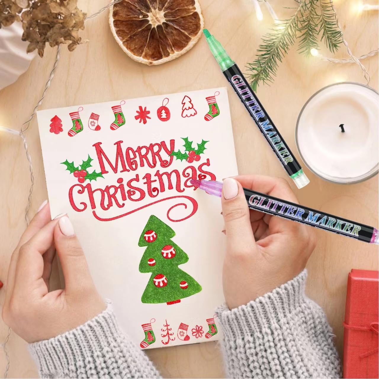 OLINGYOU Glitter Marker Pens,36 Colors Self-Shimmer Metallic Markers,Glitter Paint Pens DIY Crafts Greeting Birthday Cards, Making Poster,Album,Scrapbooking,Wood,Mugs