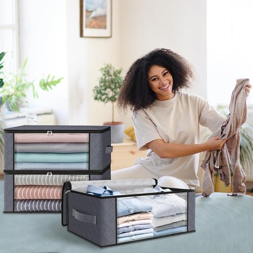 HomeHacks Clothes Organizer Storage Bags - Foldable 35L with Clear Window & Sturdy Handles | Gray 3-Pack