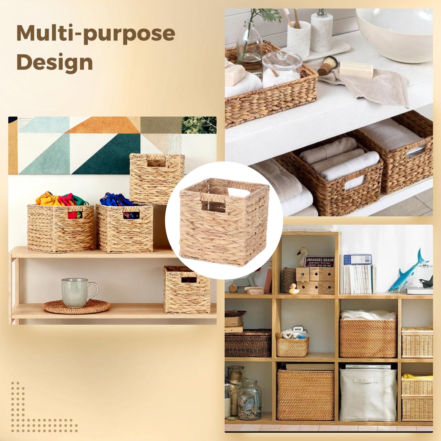 4 Pcs 9 Inch Wicker Cubes Storage Bins - Woven Water Hyacinth Storage Baskets, Foldable Bins with Handles, Collapsible Square Containers for Shelves, Closets, 8.7×8.7×8.7"