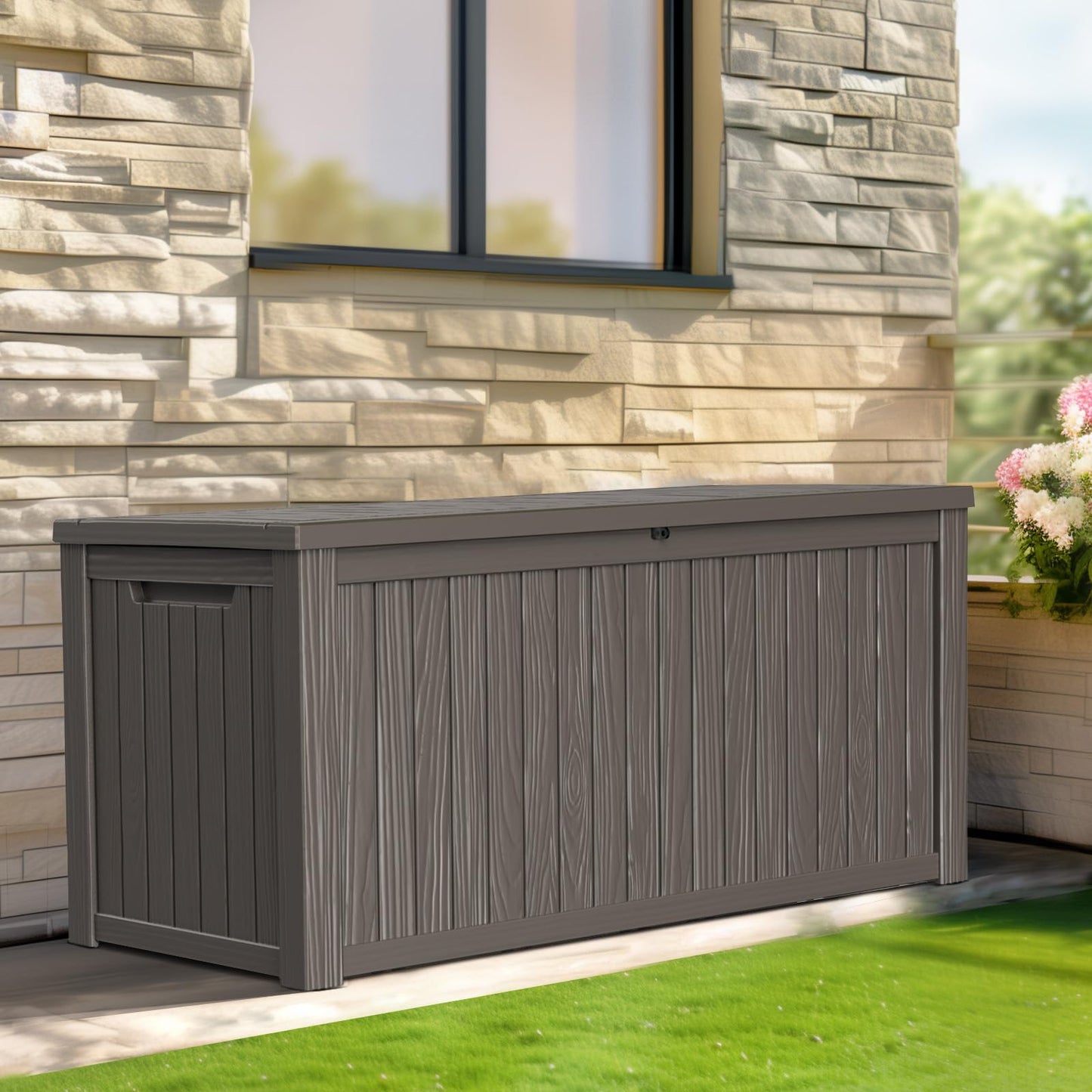PatioZen 180 Gallon Large Resin Deck Box, Outdoor Lockable Storage Box with Divider for Patio Cushions Storage Furniture, Pool Supplies, Garden Tools, Weatherproof and UV Resistant- Light brown